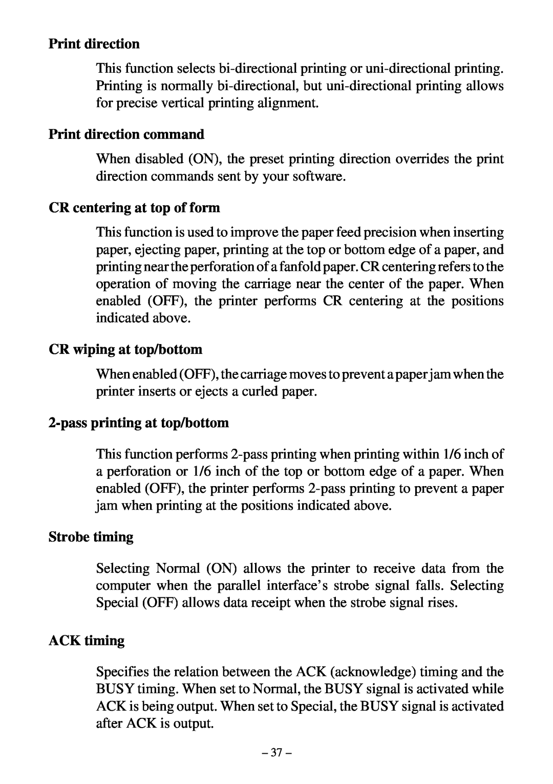 Star Micronics LC-500 Print direction command, CR centering at top of form, CR wiping at top/bottom, Strobe timing 