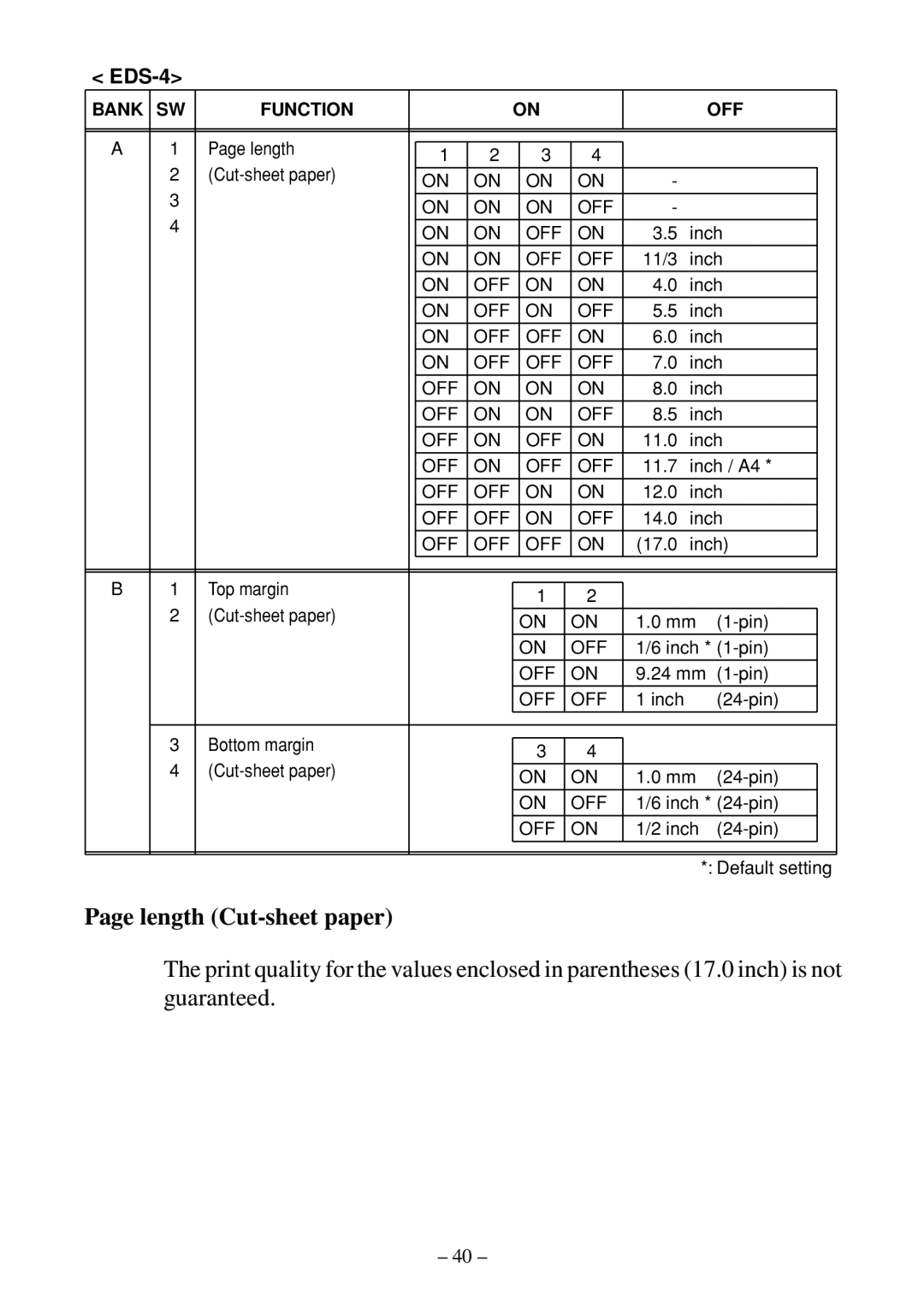 Star Micronics LC-500 user manual Page length Cut-sheet paper, EDS-4, Bank Sw, Function 