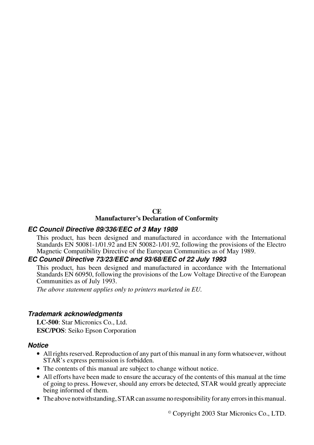 Star Micronics LC-500 user manual EC Council Directive 89/336/EEC of 3 May 