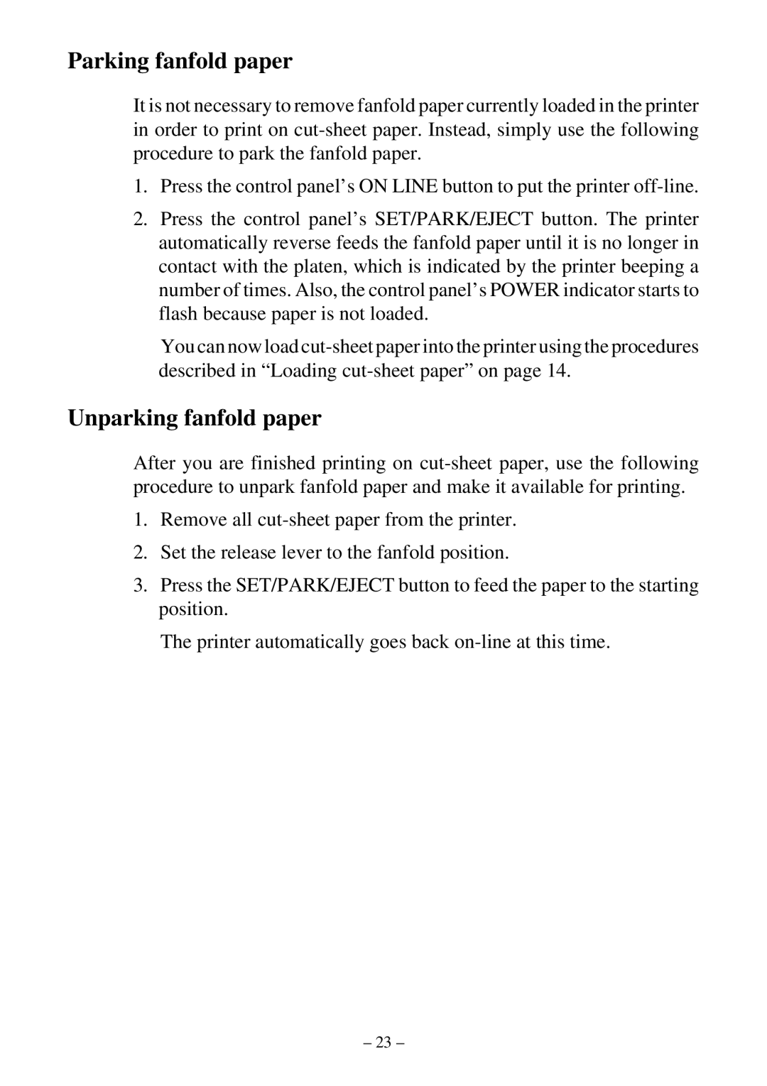 Star Micronics LC-500 user manual Parking fanfold paper, Unparking fanfold paper 