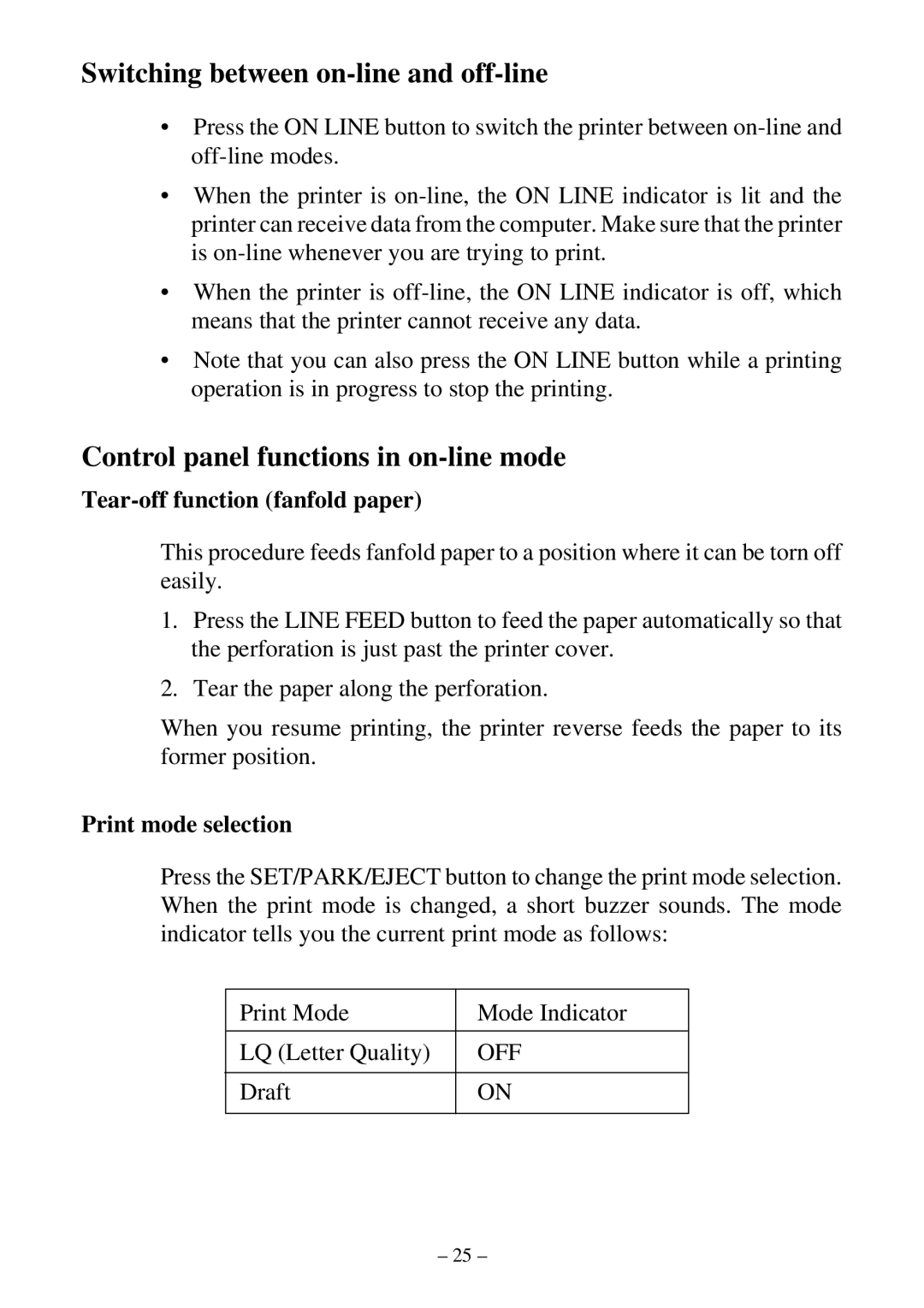 Star Micronics LC-500 user manual Switching between on-line and off-line, Control panel functions in on-line mode 