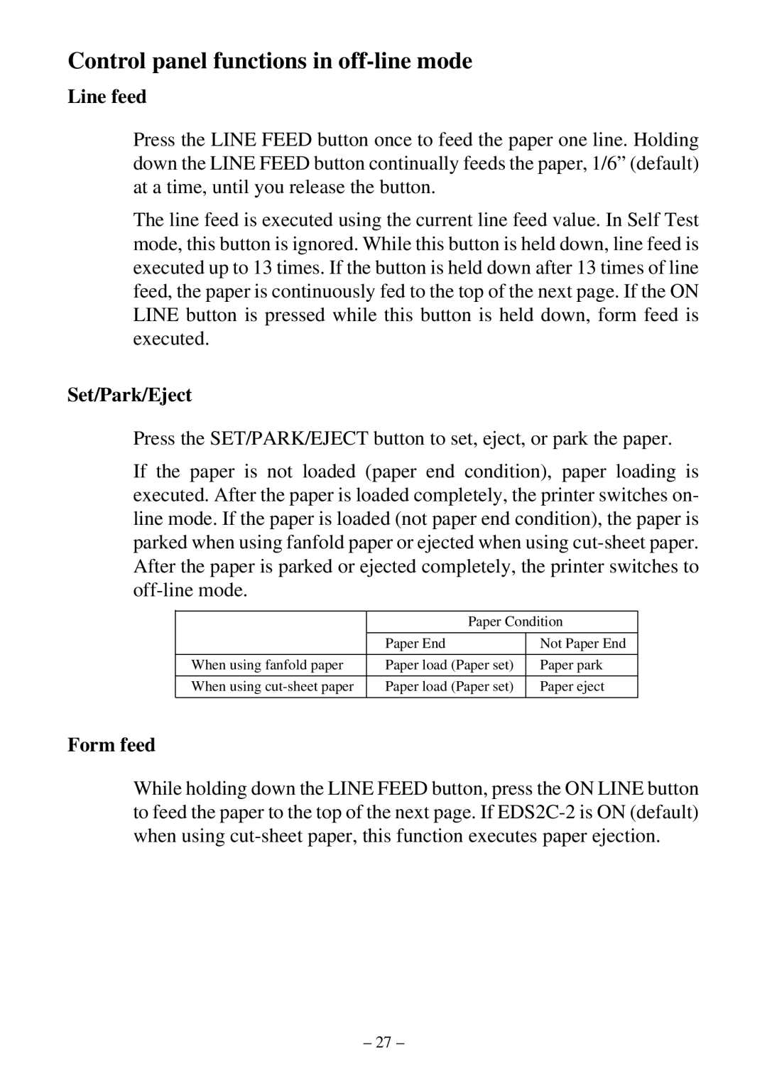 Star Micronics LC-500 user manual Control panel functions in off-line mode, Line feed, Set/Park/Eject, Form feed 