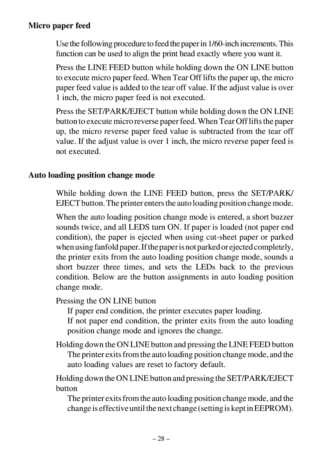 Star Micronics LC-500 user manual Micro paper feed, Auto loading position change mode 