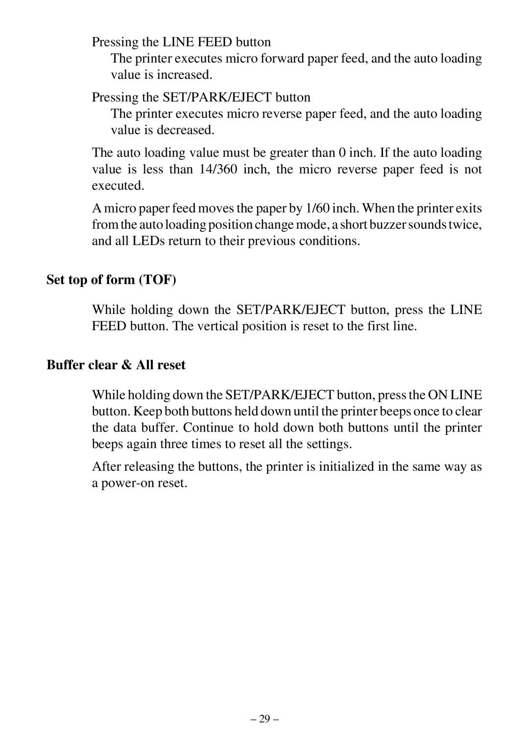 Star Micronics LC-500 user manual Set top of form TOF, Buffer clear & All reset 