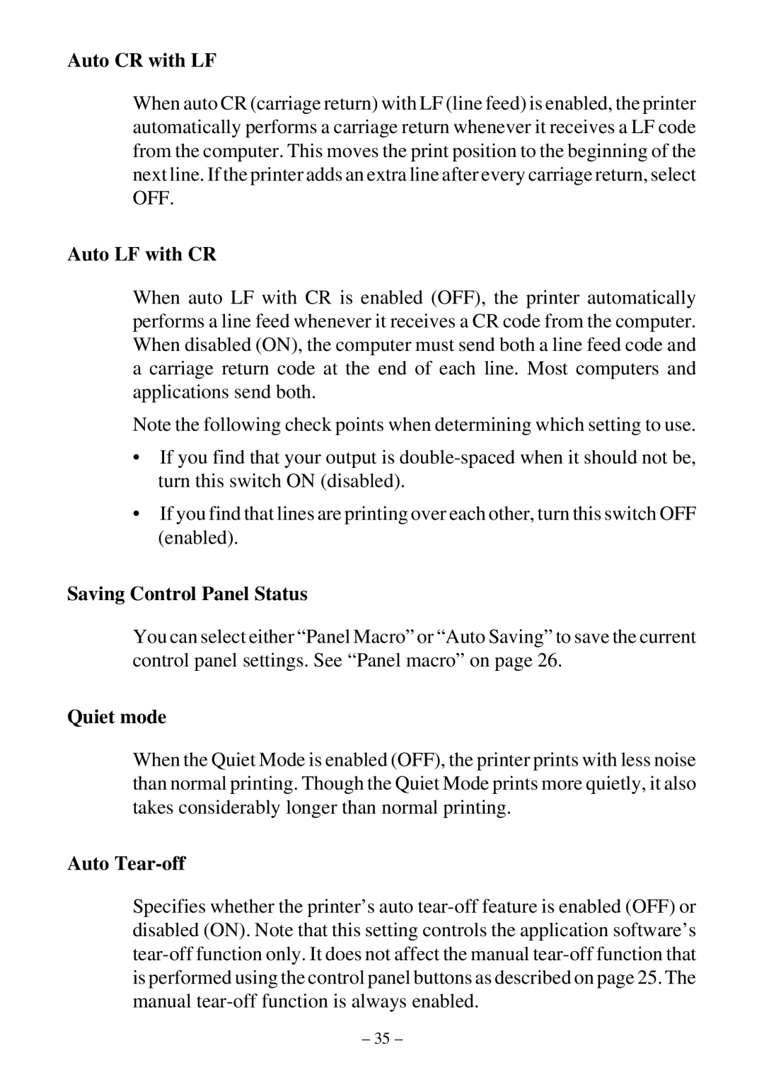 Star Micronics LC-500 user manual Auto CR with LF, Auto LF with CR, Saving Control Panel Status, Quiet mode, Auto Tear-off 