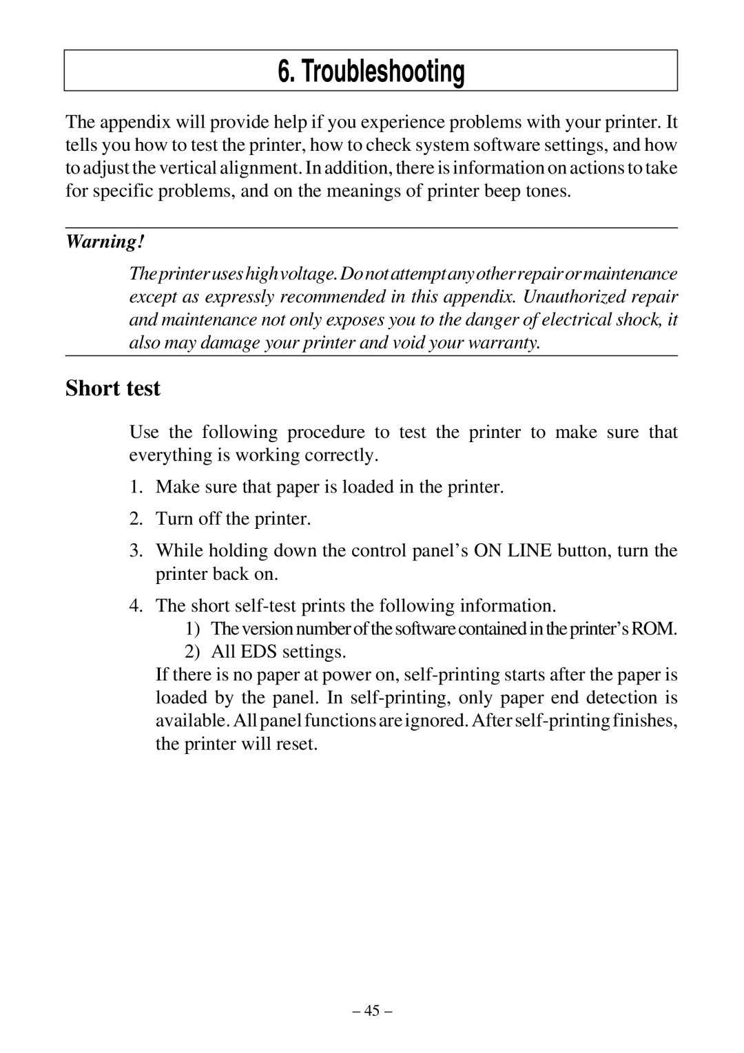 Star Micronics LC-500 user manual Troubleshooting, Short test 