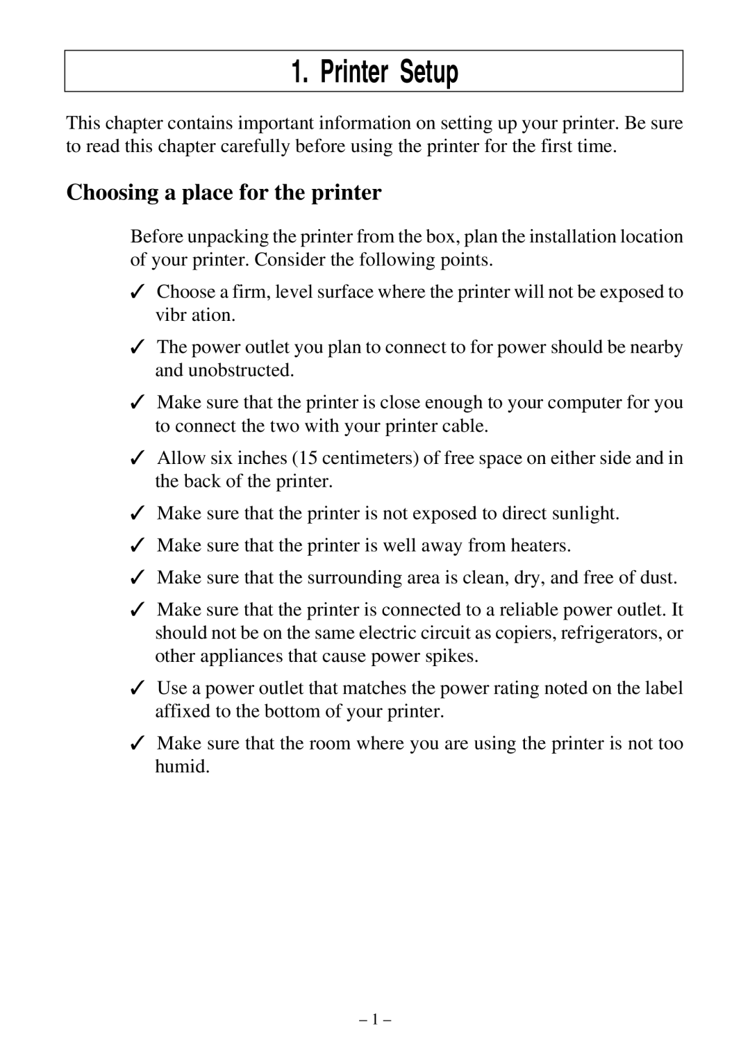 Star Micronics LC-500 user manual Printer Setup, Choosing a place for the printer 