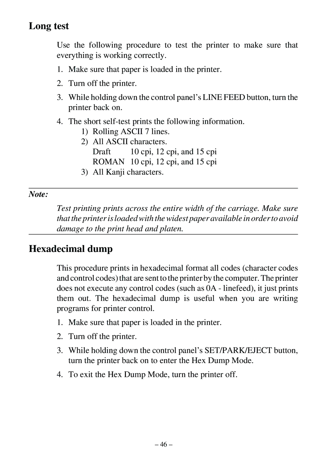 Star Micronics LC-500 user manual Long test, Hexadecimal dump 