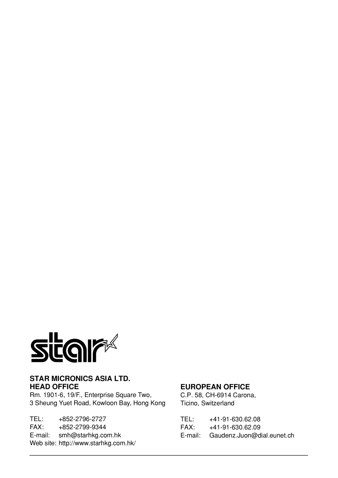 Star Micronics LC-500 user manual Head Office European Office 