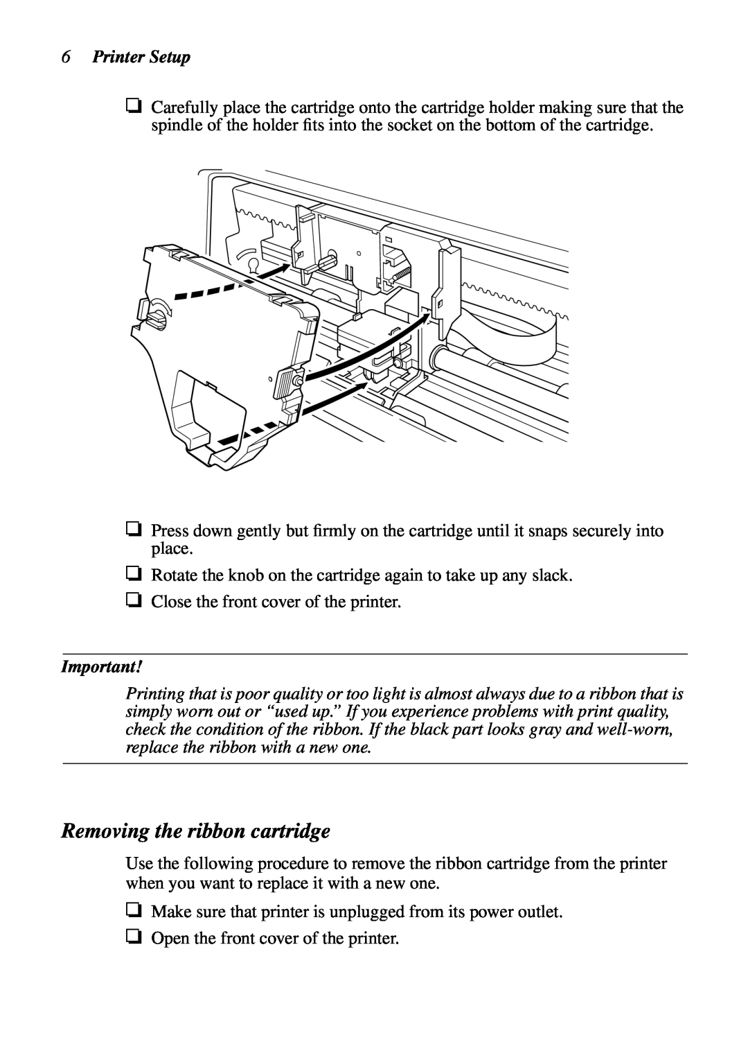 Star Micronics LC-6211 user manual Removing the ribbon cartridge, Printer Setup 