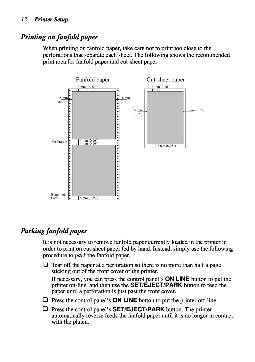 Star Micronics LC-6211 user manual Printing on fanfold paper, Parking fanfold paper, Printer Setup 