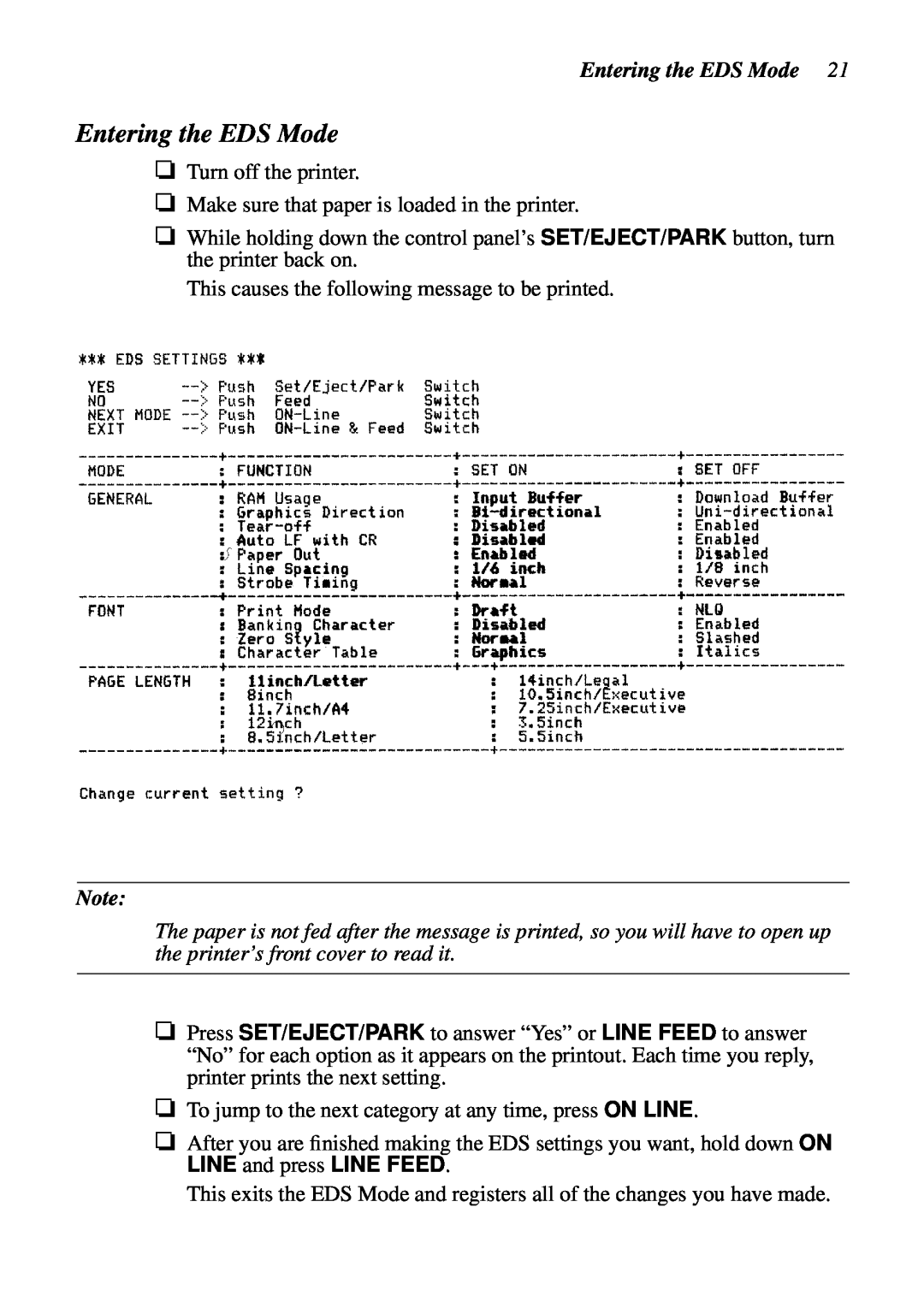Star Micronics LC-6211 user manual Entering the EDS Mode 