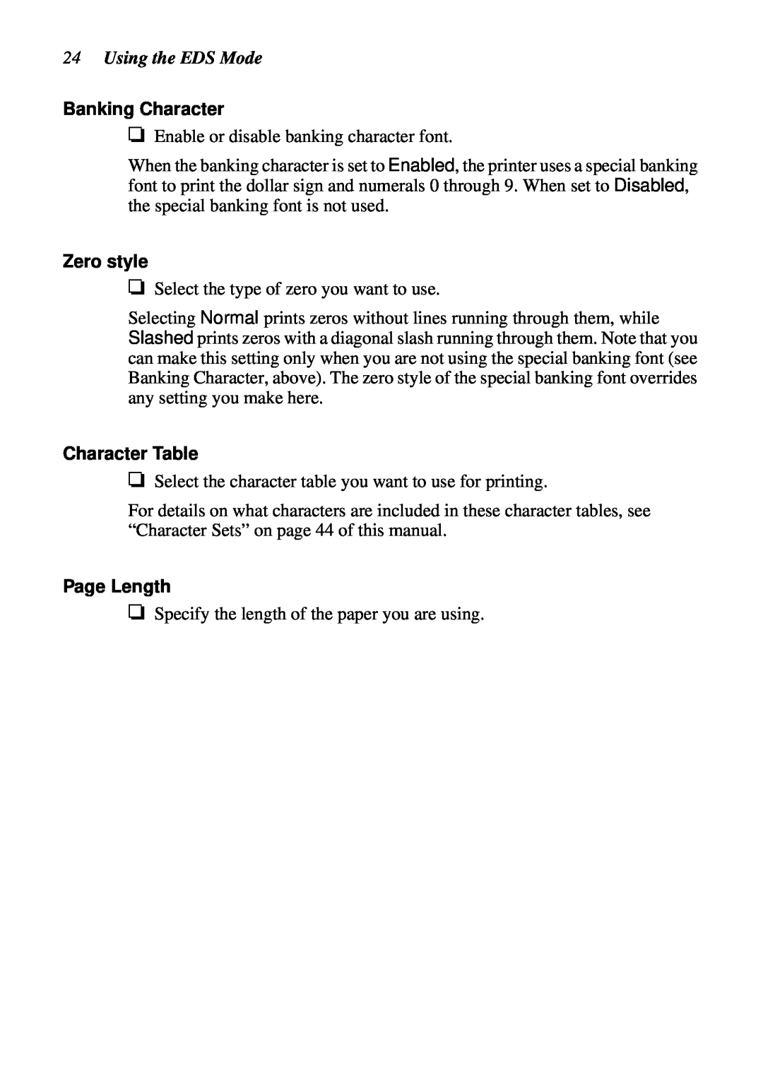 Star Micronics LC-6211 user manual Using the EDS Mode, Banking Character, Zero style, Character Table, Page Length 