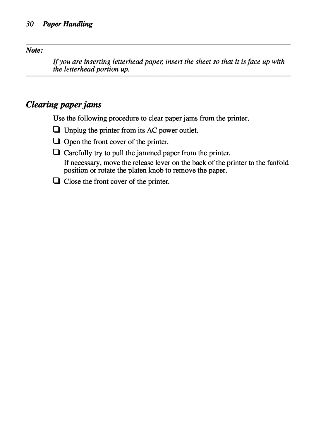 Star Micronics LC-6211 user manual Clearing paper jams, Paper Handling 