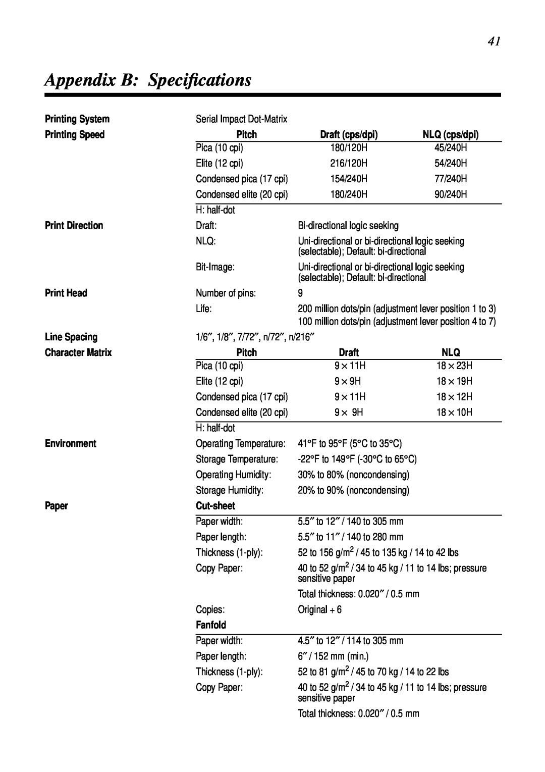 Star Micronics LC-6211 user manual Appendix B, Speciﬁcations, 9 × 9H, Operating Temperature, Storage Temperature 