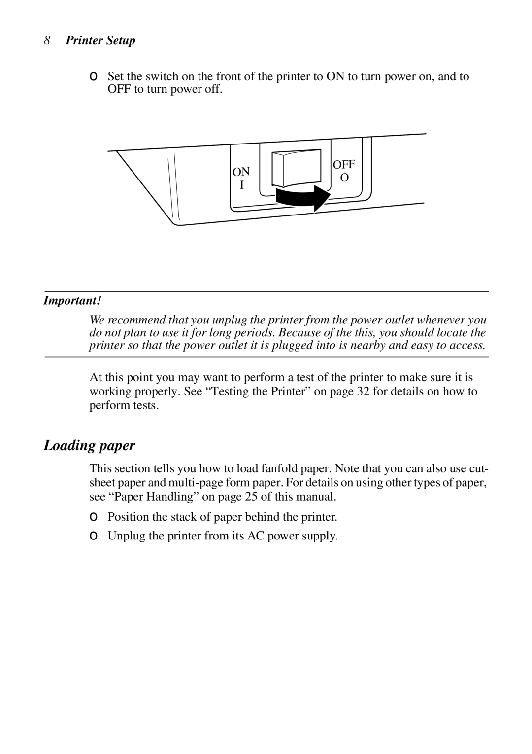 Star Micronics LC-6211 user manual Loading paper, Off O 