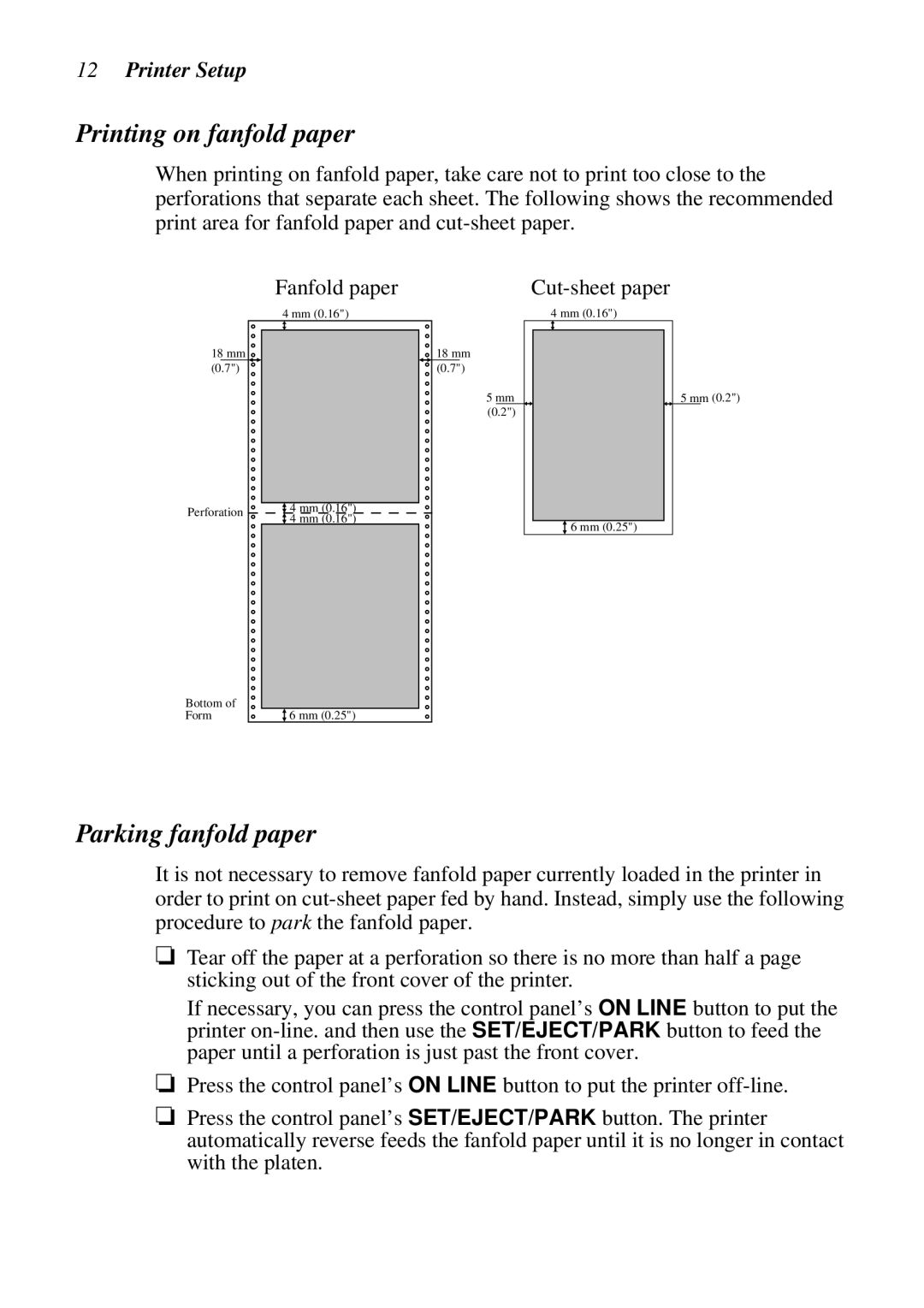 Star Micronics LC-6211 user manual Printing on fanfold paper, Parking fanfold paper 