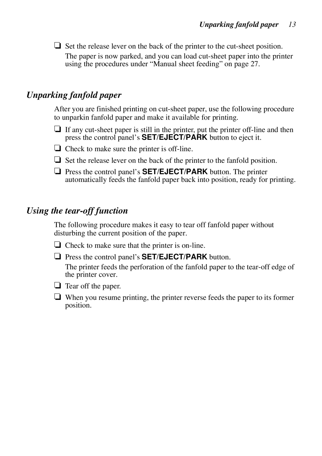 Star Micronics LC-6211 user manual Unparking fanfold paper, Using the tear-off function 