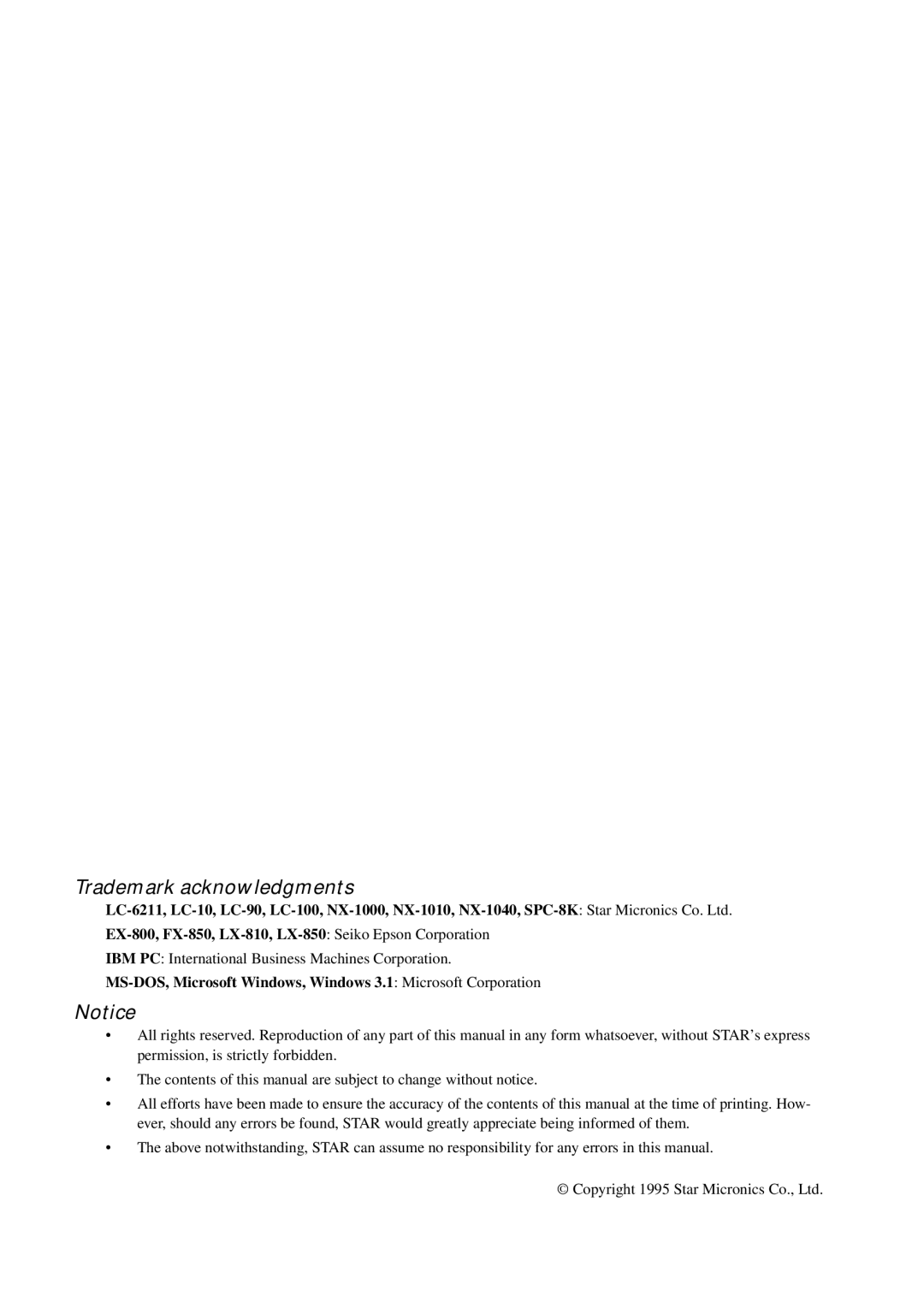 Star Micronics LC-6211 user manual Trademark acknowledgments 