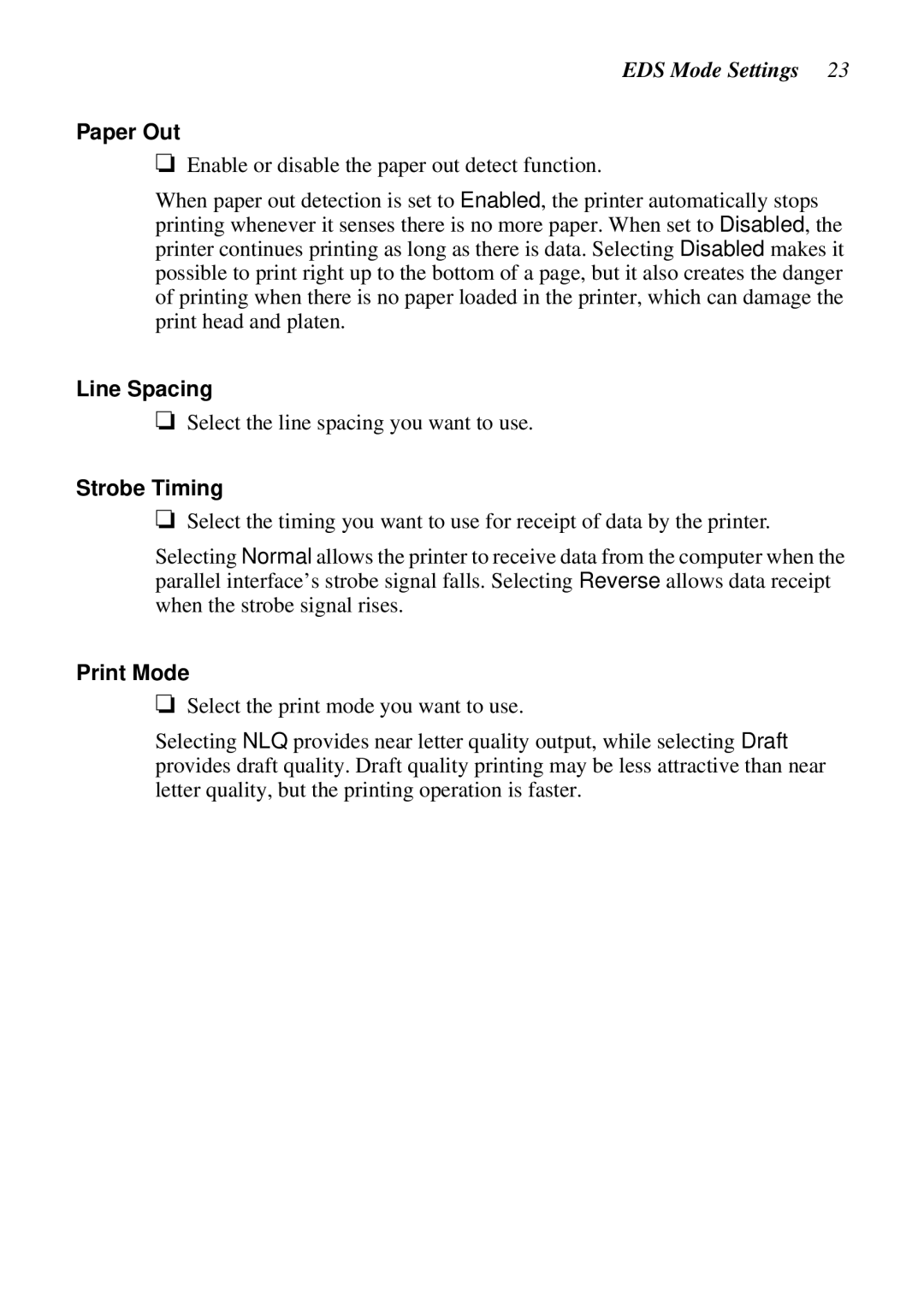 Star Micronics LC-6211 user manual EDS Mode Settings, Paper Out, Line Spacing, Strobe Timing, Print Mode 