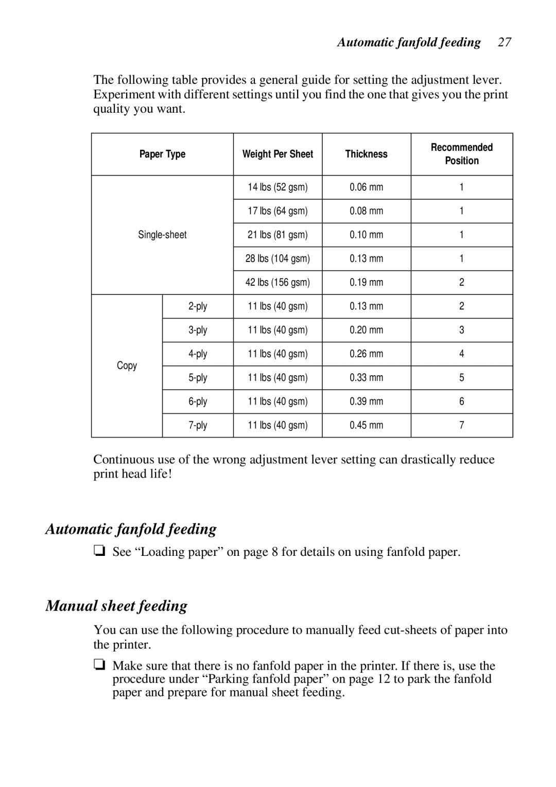 Star Micronics LC-6211 user manual Automatic fanfold feeding, Manual sheet feeding 