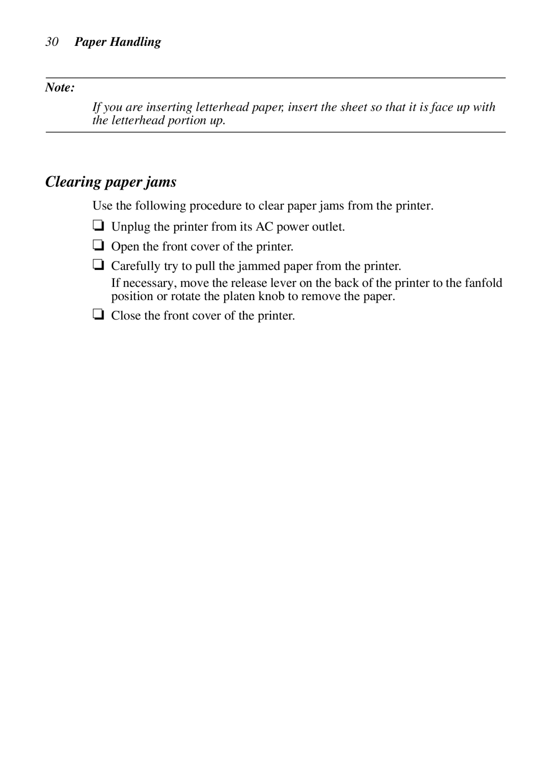 Star Micronics LC-6211 user manual Clearing paper jams 