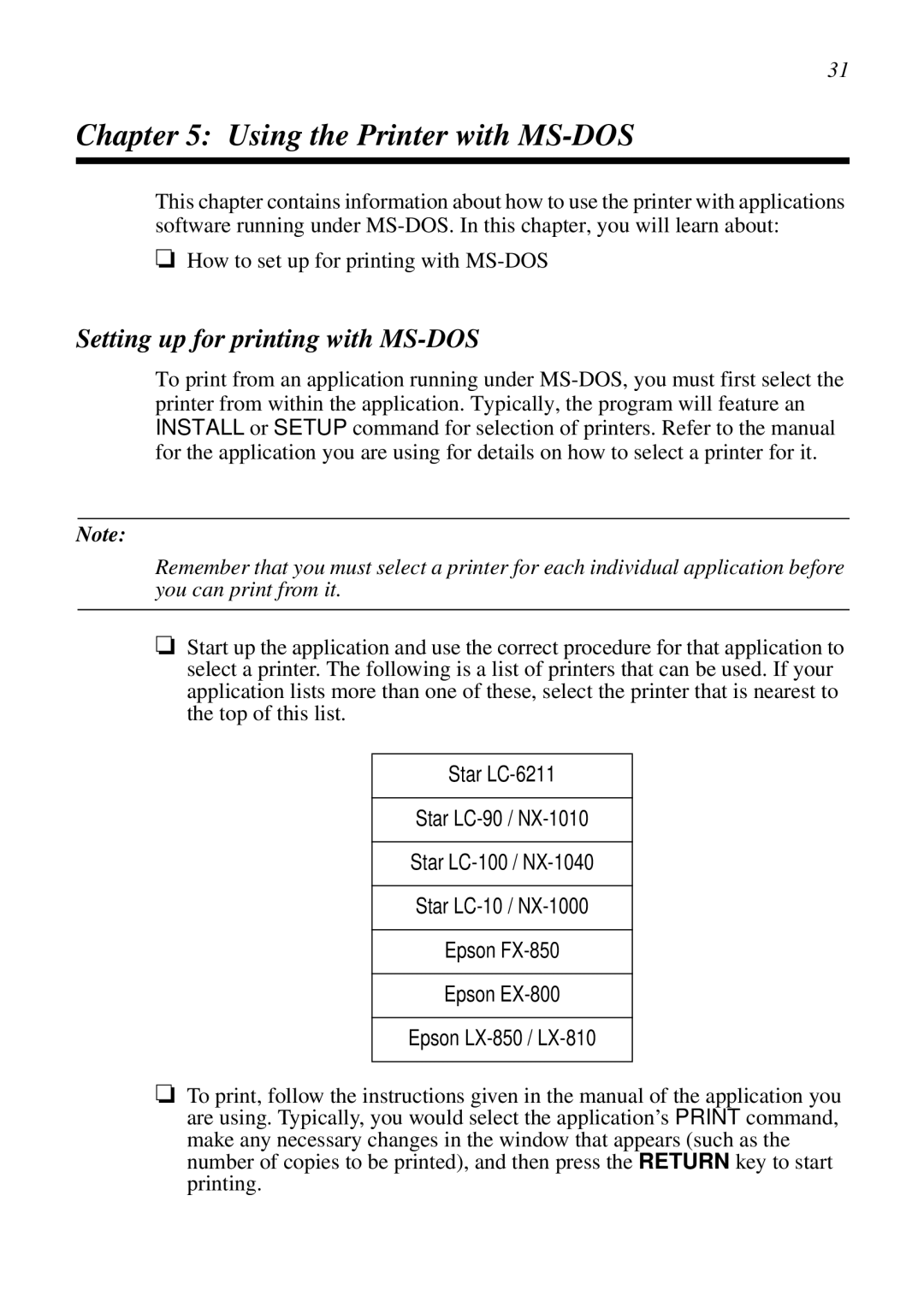 Star Micronics LC-6211 user manual Using the Printer with MS-DOS, Setting up for printing with MS-DOS 