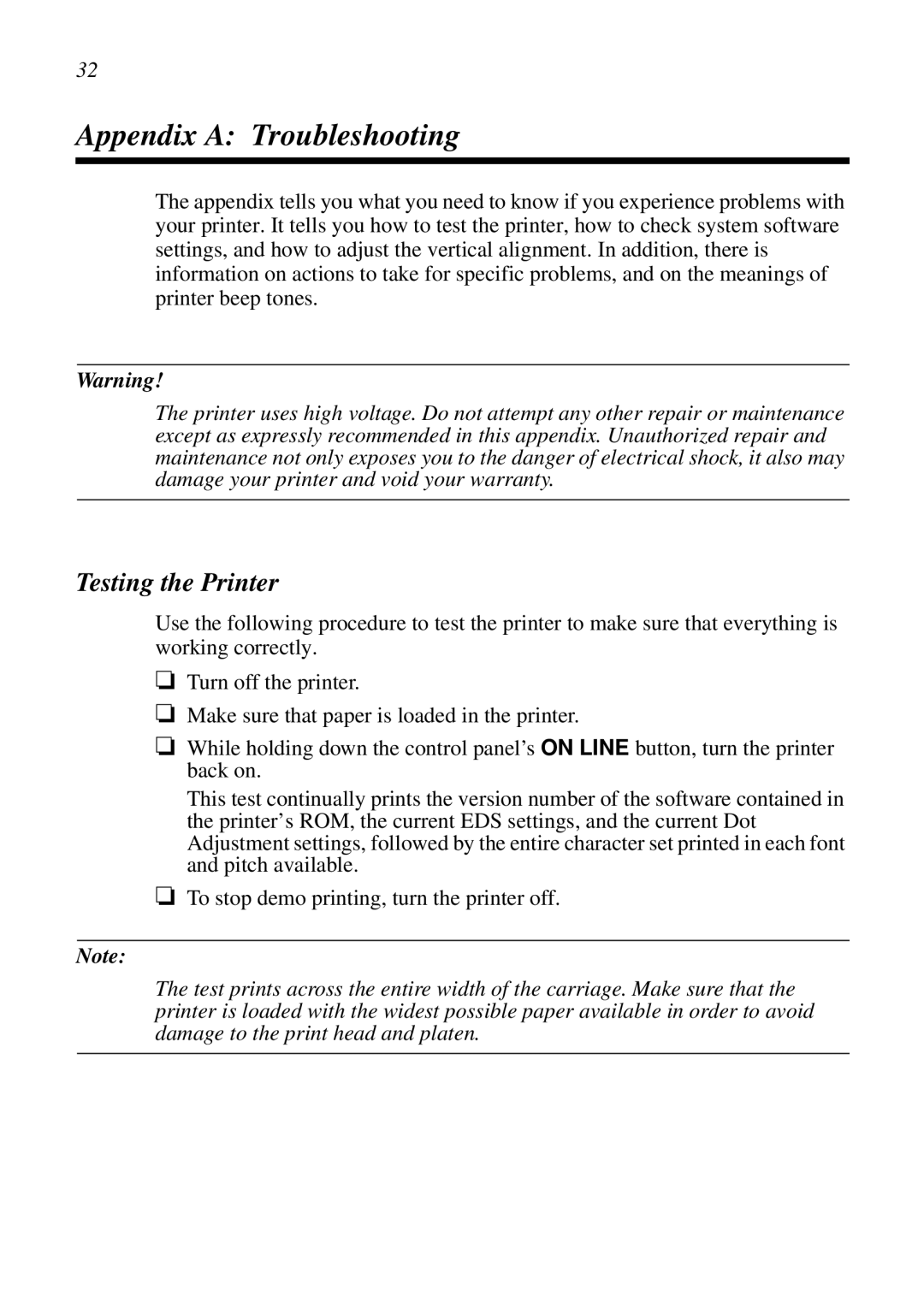 Star Micronics LC-6211 user manual Appendix a Troubleshooting, Testing the Printer 