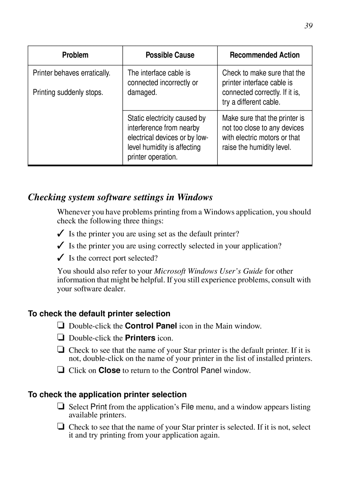 Star Micronics LC-6211 user manual Checking system software settings in Windows, To check the default printer selection 