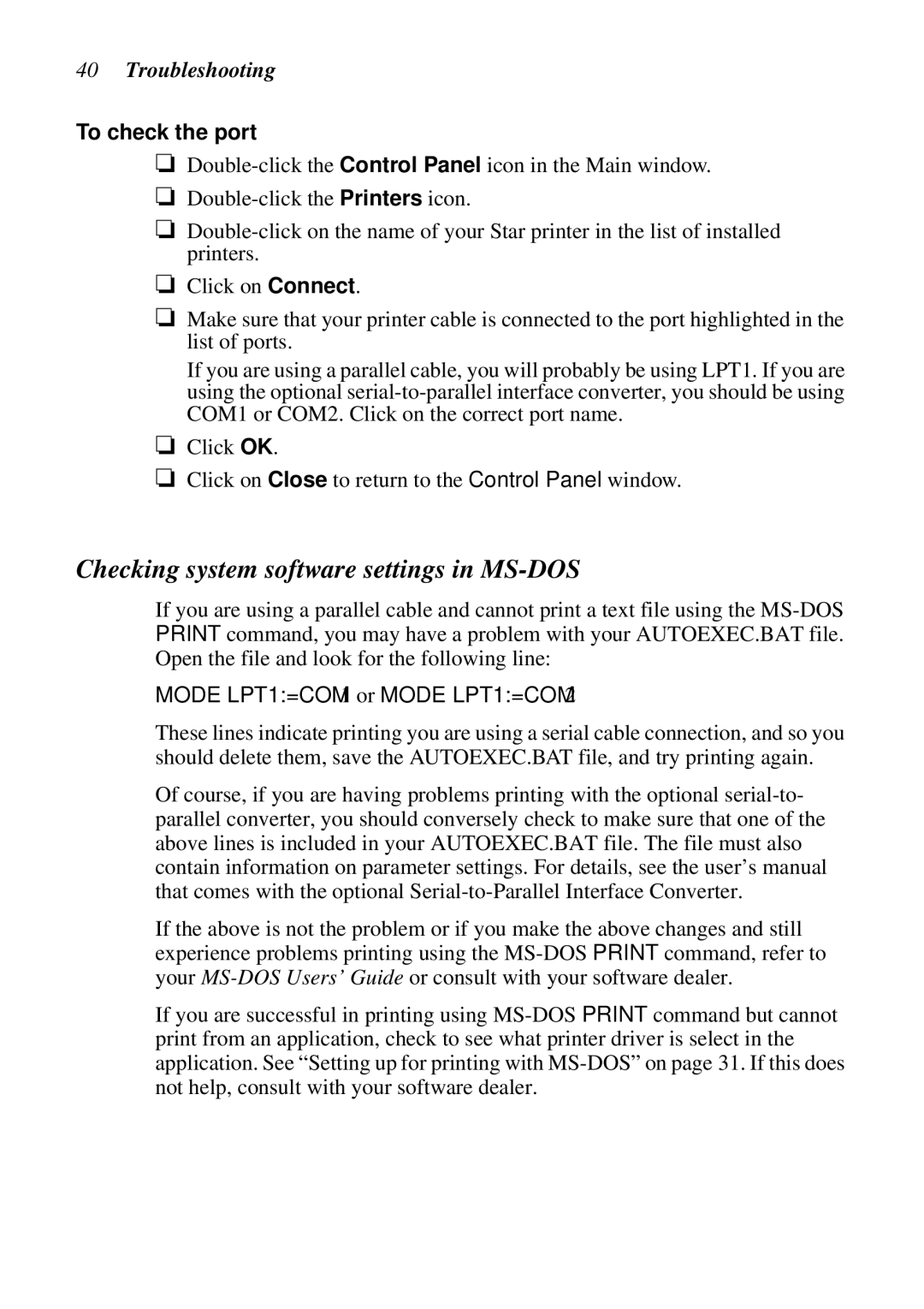 Star Micronics LC-6211 user manual Checking system software settings in MS-DOS, To check the port 