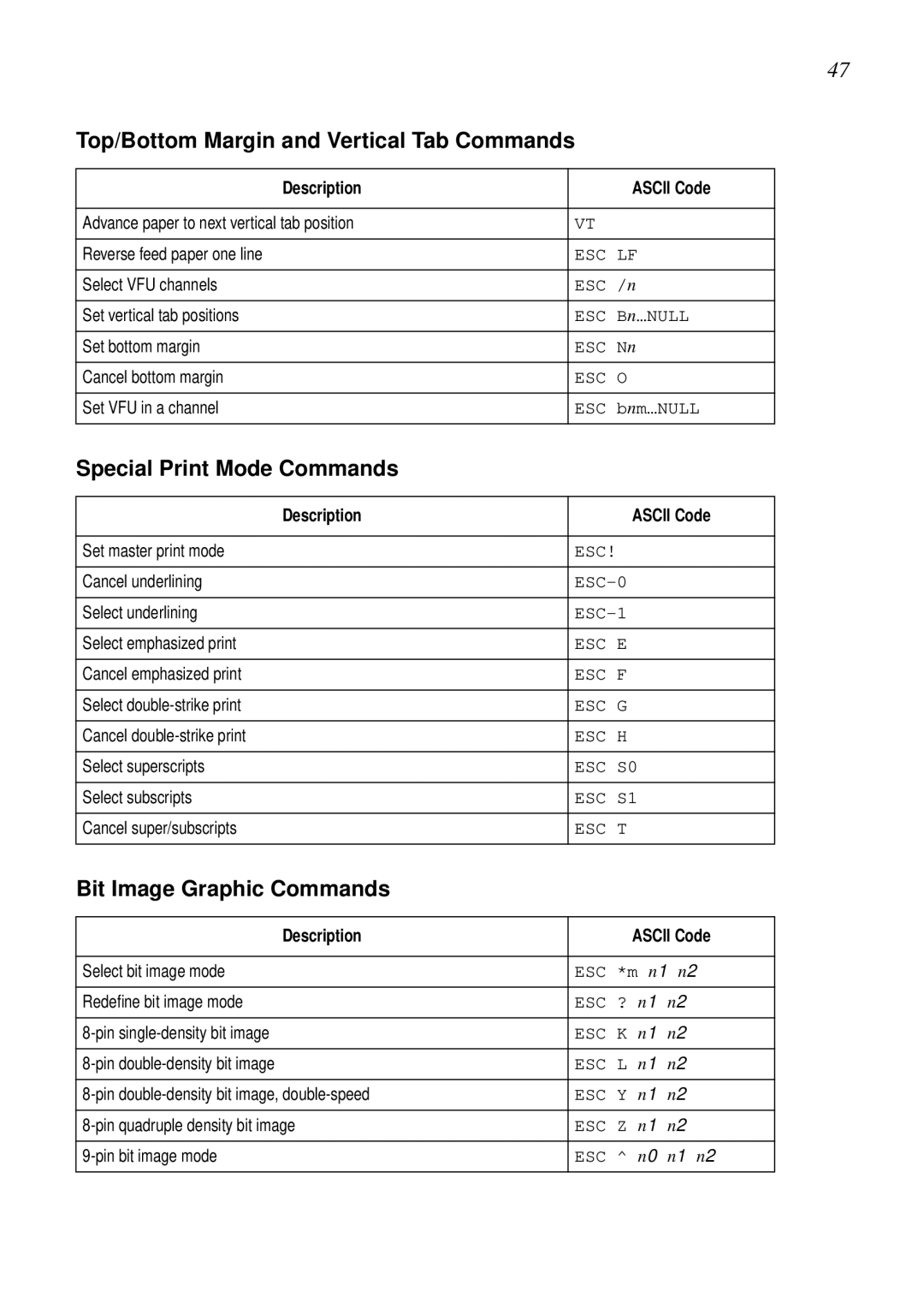 Star Micronics LC-6211 user manual Top/Bottom Margin and Vertical Tab Commands, Special Print Mode Commands 