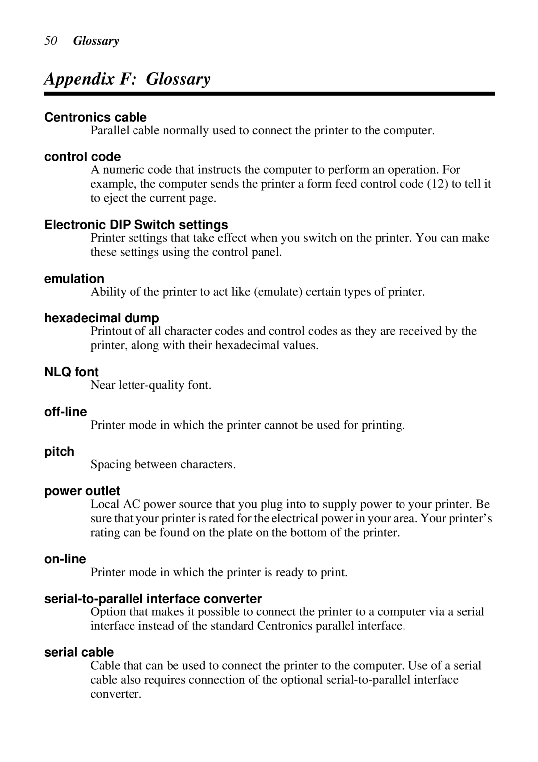 Star Micronics LC-6211 user manual Appendix F Glossary 