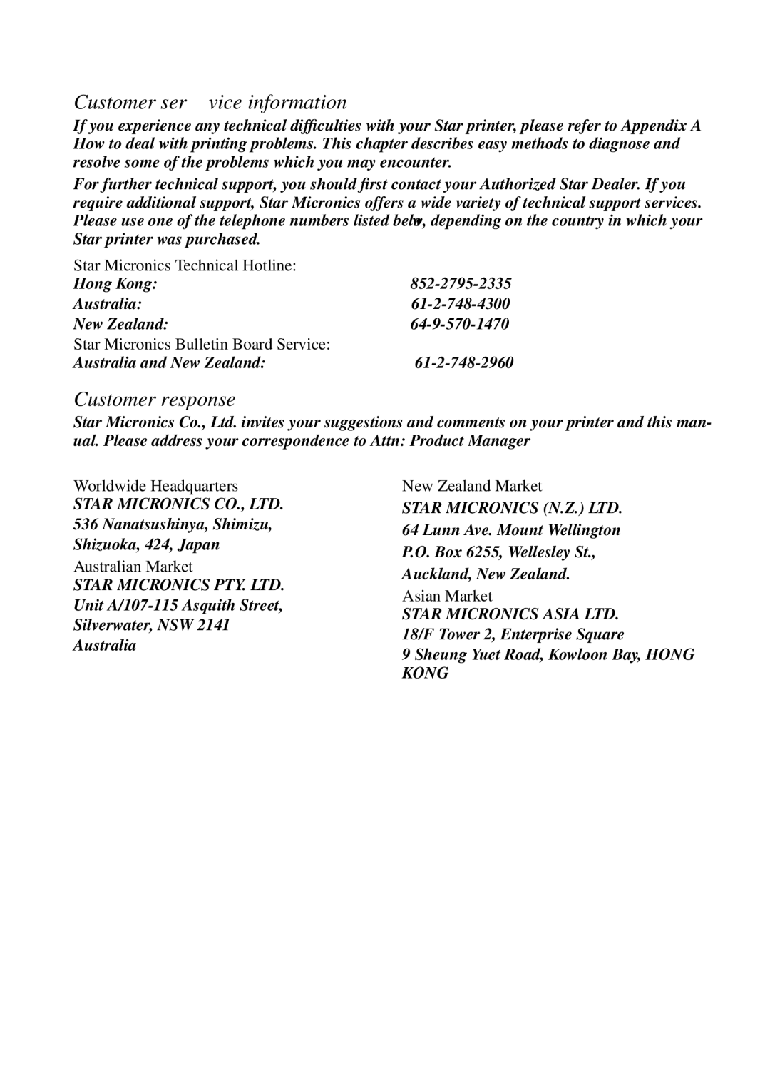 Star Micronics LC-6211 user manual Customer service information 