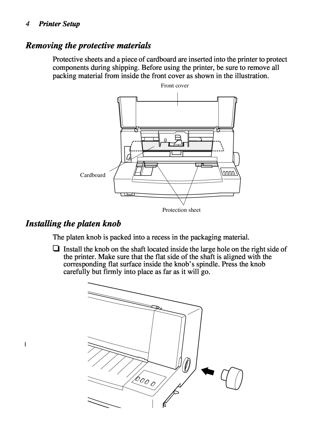 Star Micronics LC-7211 user manual Removing the protective materials, Installing the platen knob, Printer Setup 