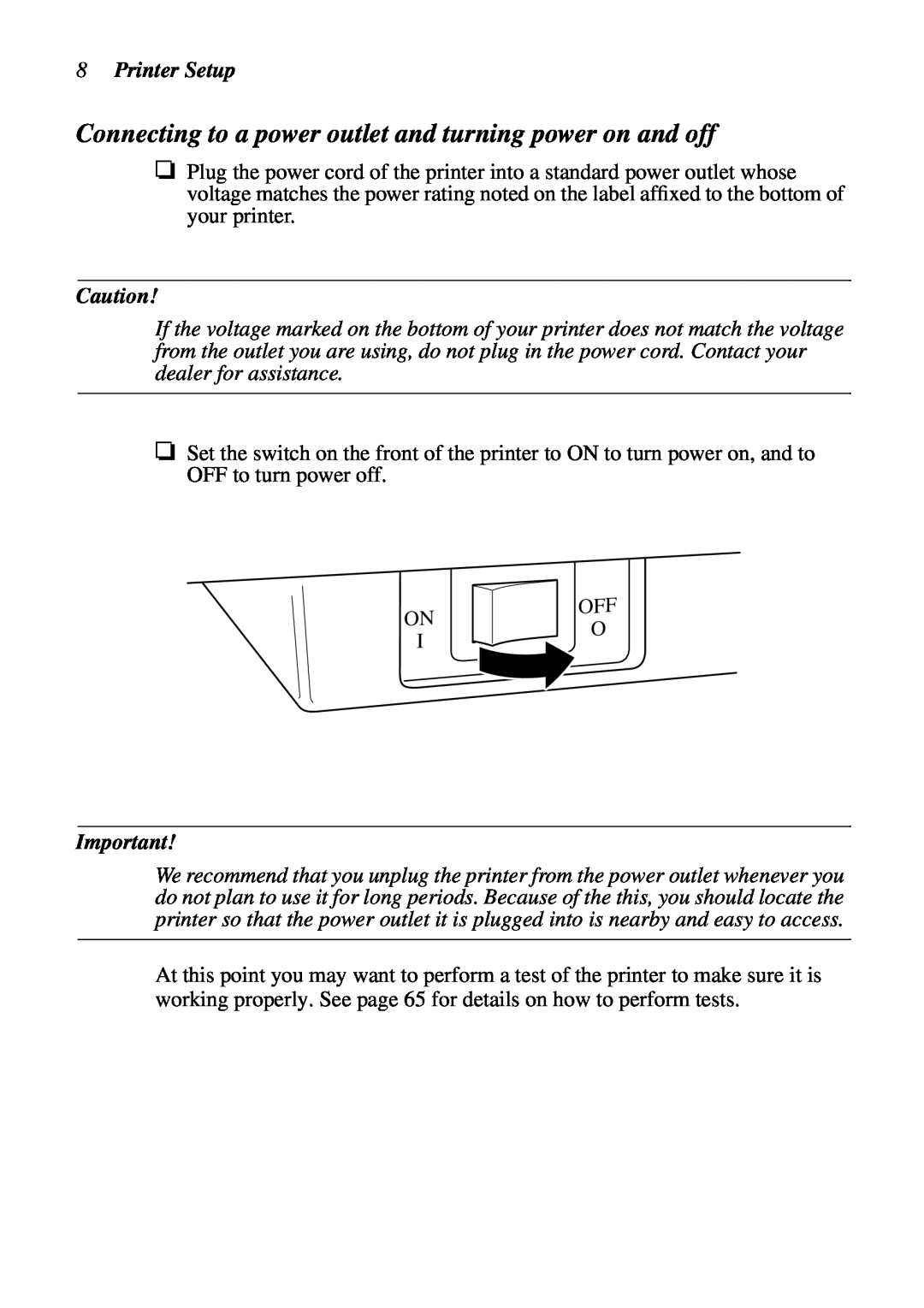 Star Micronics LC-7211 user manual Connecting to a power outlet and turning power on and off, Printer Setup 