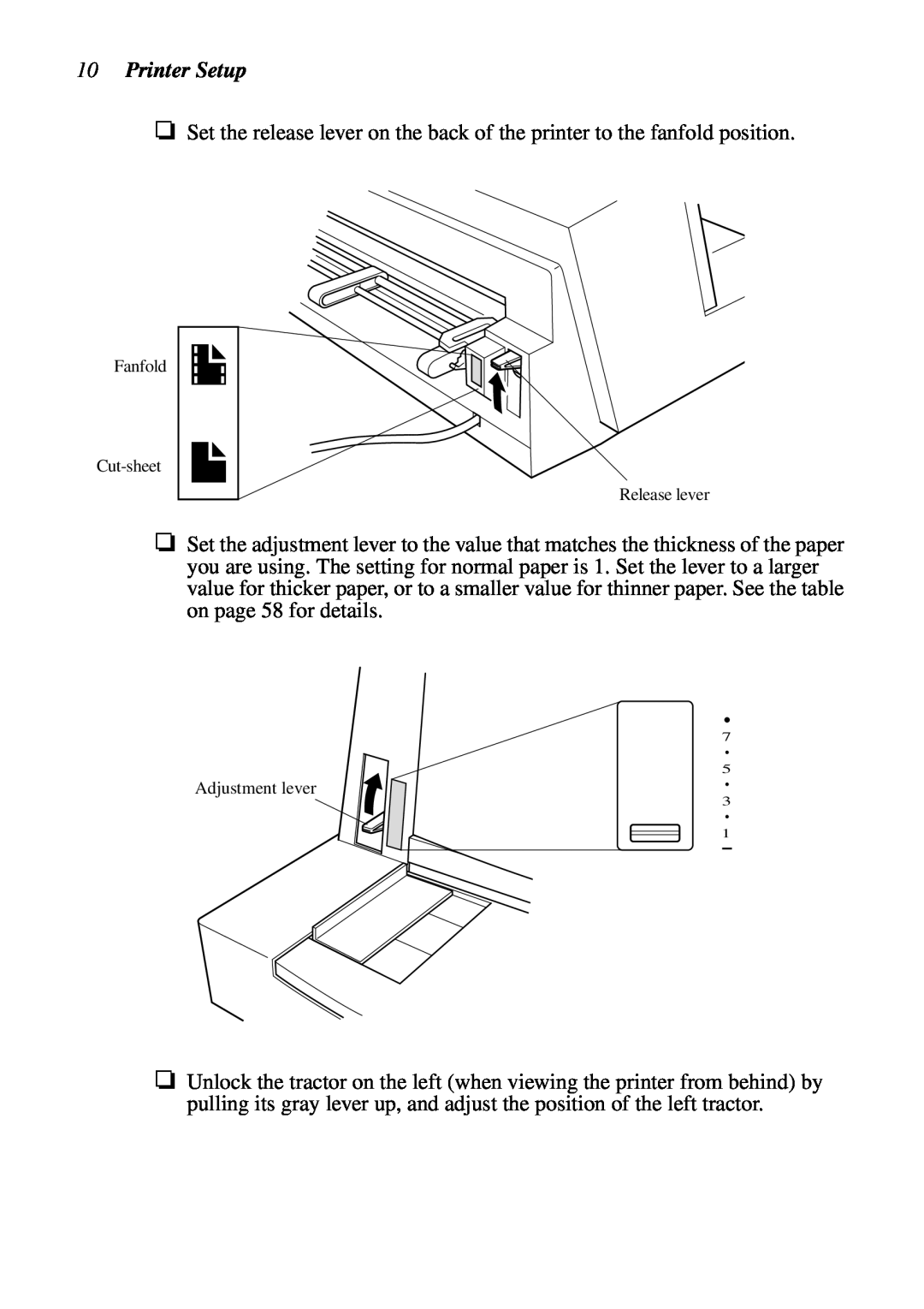 Star Micronics LC-7211 user manual Printer Setup, Fanfold Cut-sheet Release lever, Adjustment lever 