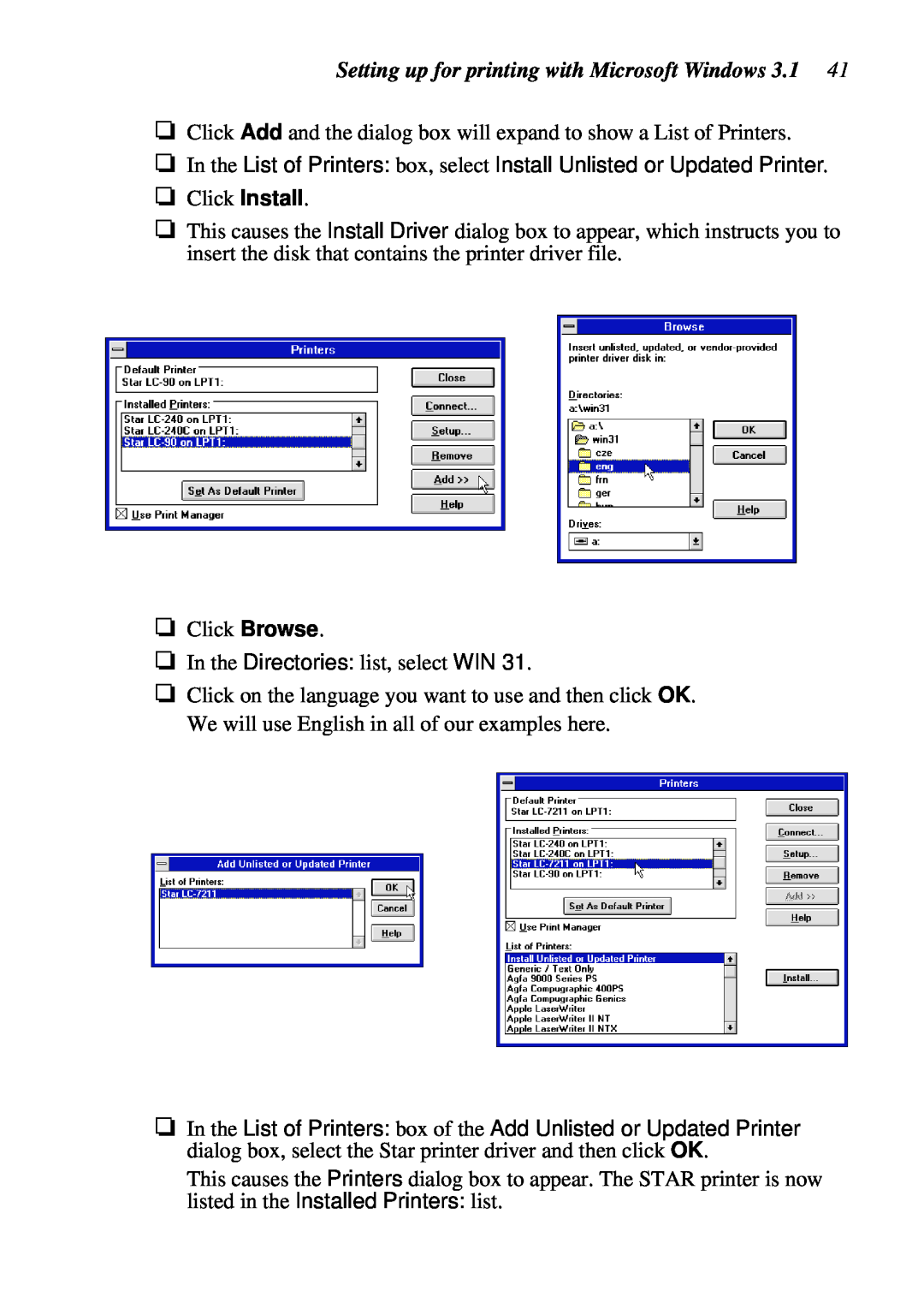 Star Micronics LC-7211 user manual Setting up for printing with Microsoft Windows 3.1 