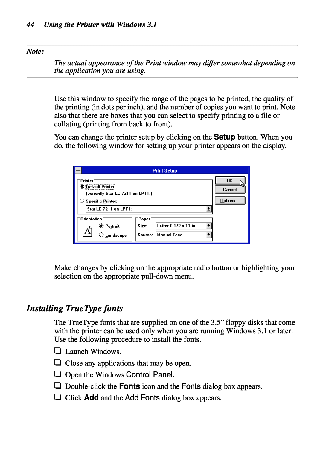 Star Micronics LC-7211 user manual Installing TrueType fonts, Using the Printer with Windows 