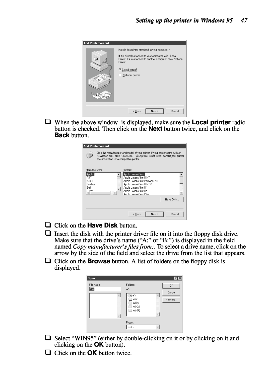 Star Micronics LC-7211 user manual Setting up the printer in Windows 95 