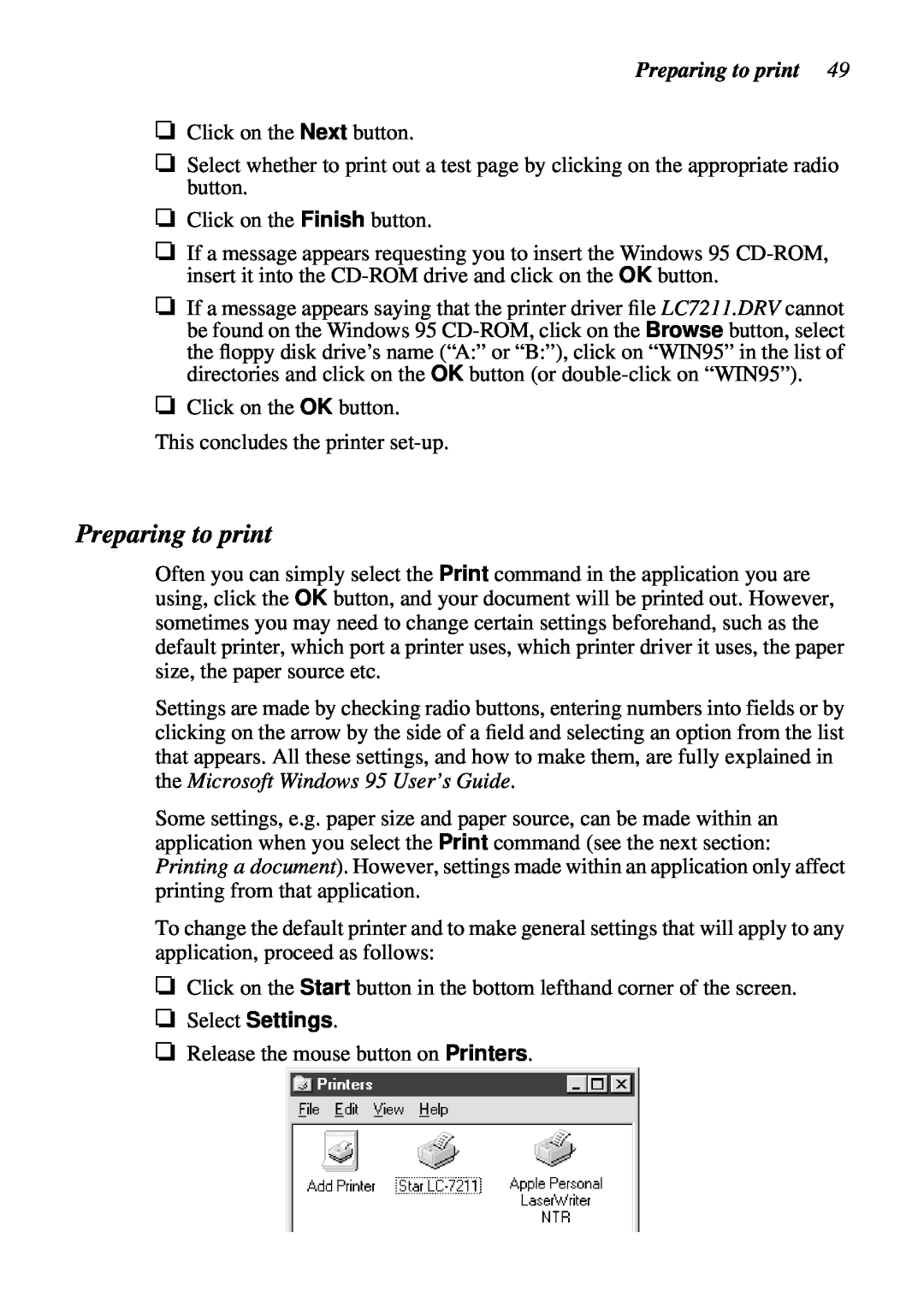 Star Micronics LC-7211 user manual Preparing to print, the Microsoft Windows 95 User’s Guide 