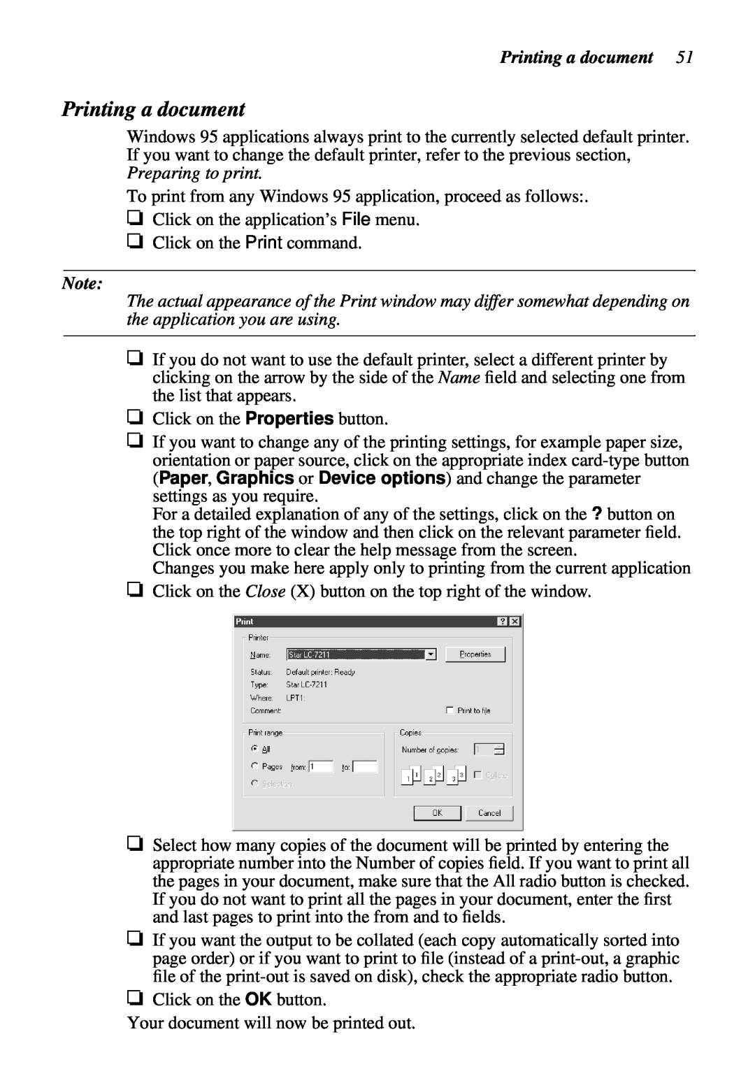 Star Micronics LC-7211 user manual Printing a document, To print from any Windows 95 application, proceed as follows 
