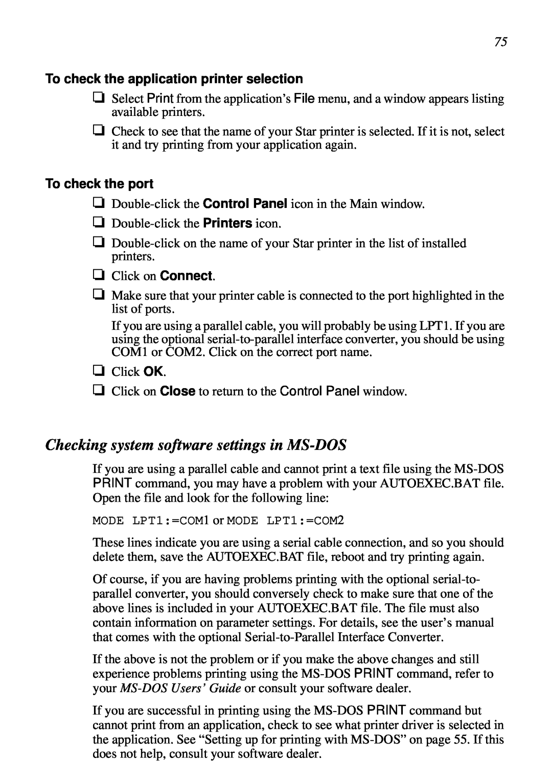 Star Micronics LC-7211 user manual Checking system software settings in MS-DOS, To check the application printer selection 