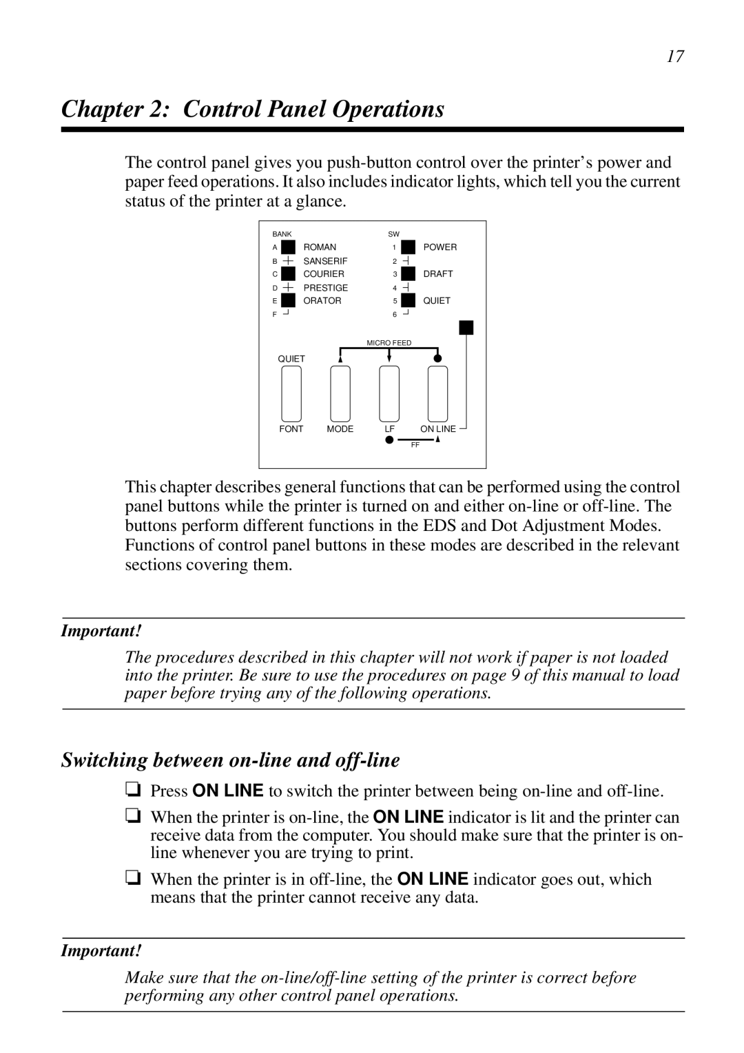 Star Micronics LC-7211 user manual Control Panel Operations, Switching between on-line and off-line 