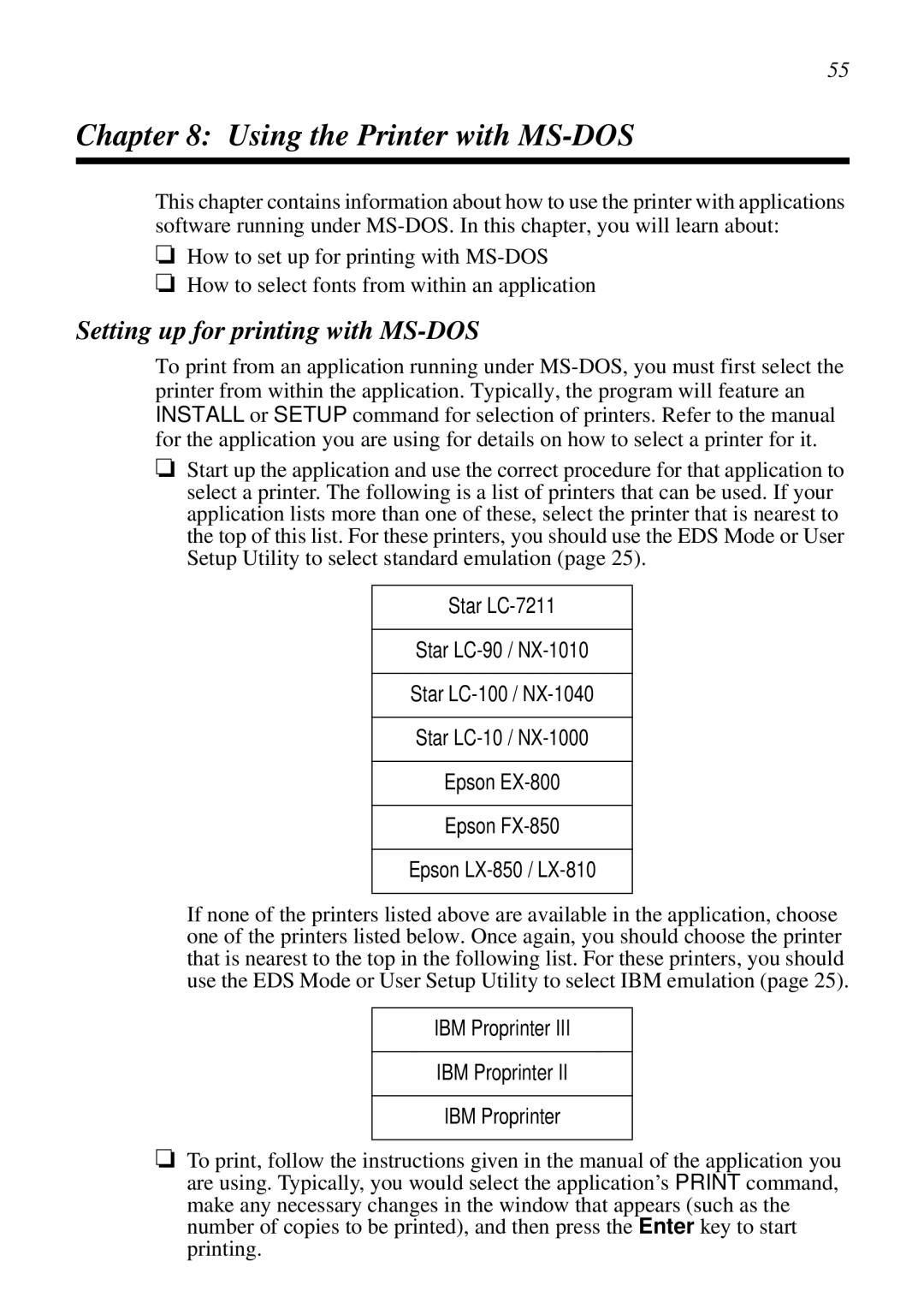 Star Micronics LC-7211 user manual Using the Printer with MS-DOS, Setting up for printing with MS-DOS 