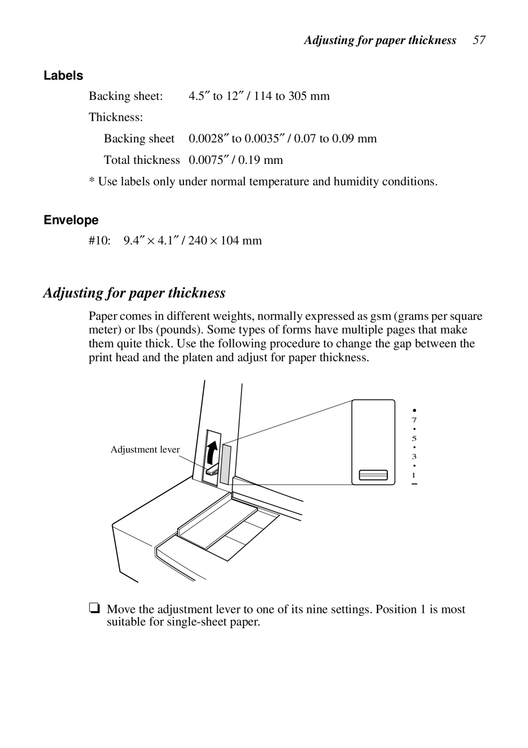 Star Micronics LC-7211 user manual Adjusting for paper thickness, Envelope 