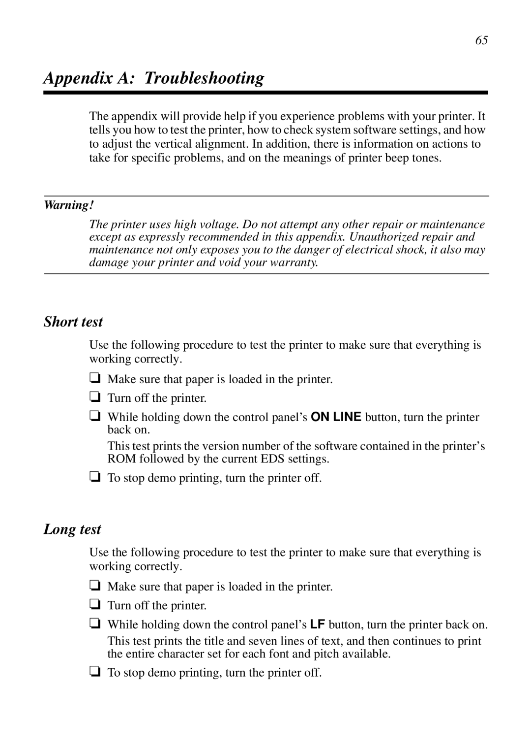 Star Micronics LC-7211 user manual Appendix a Troubleshooting, Short test, Long test 