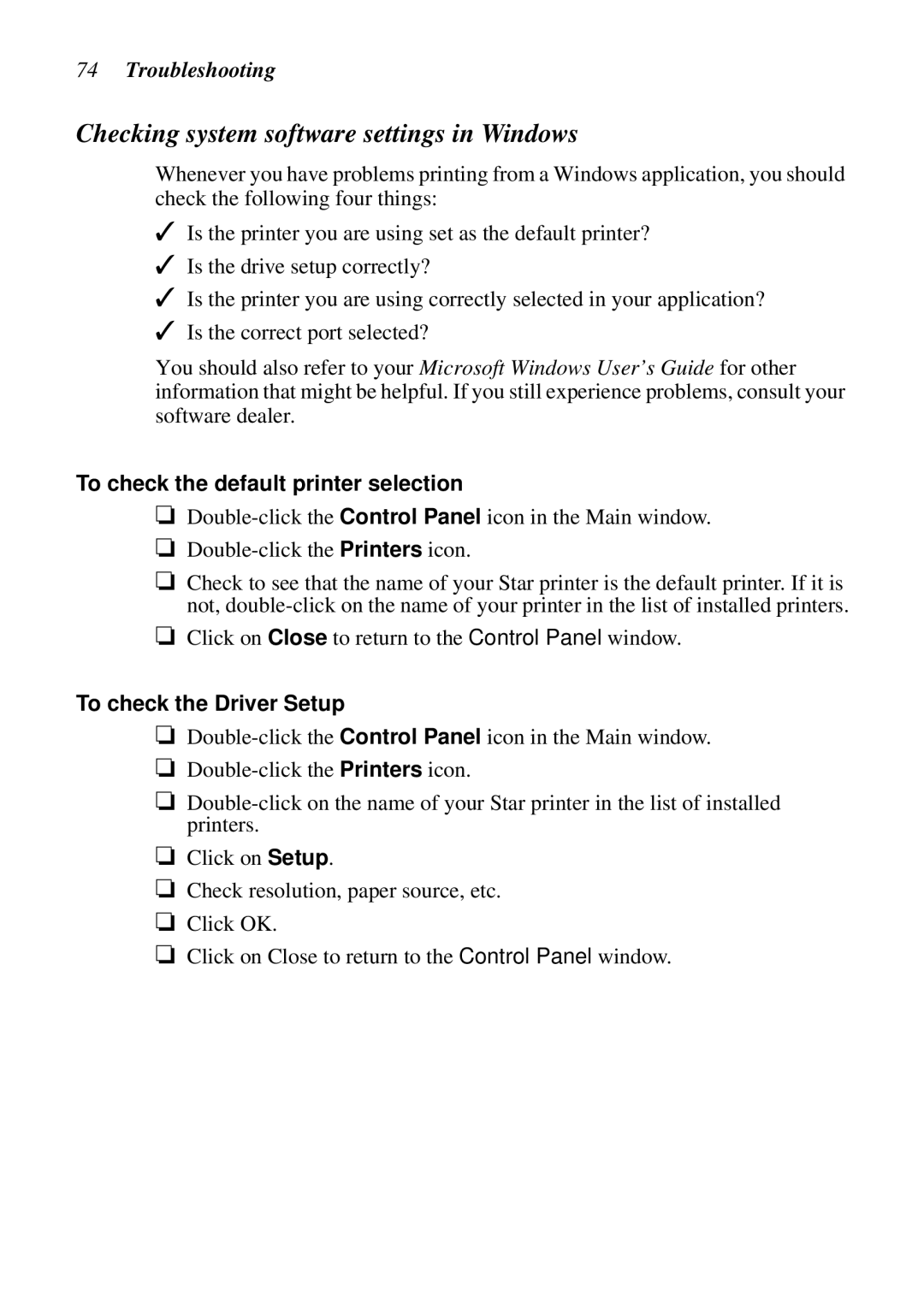 Star Micronics LC-7211 user manual Checking system software settings in Windows, To check the default printer selection 