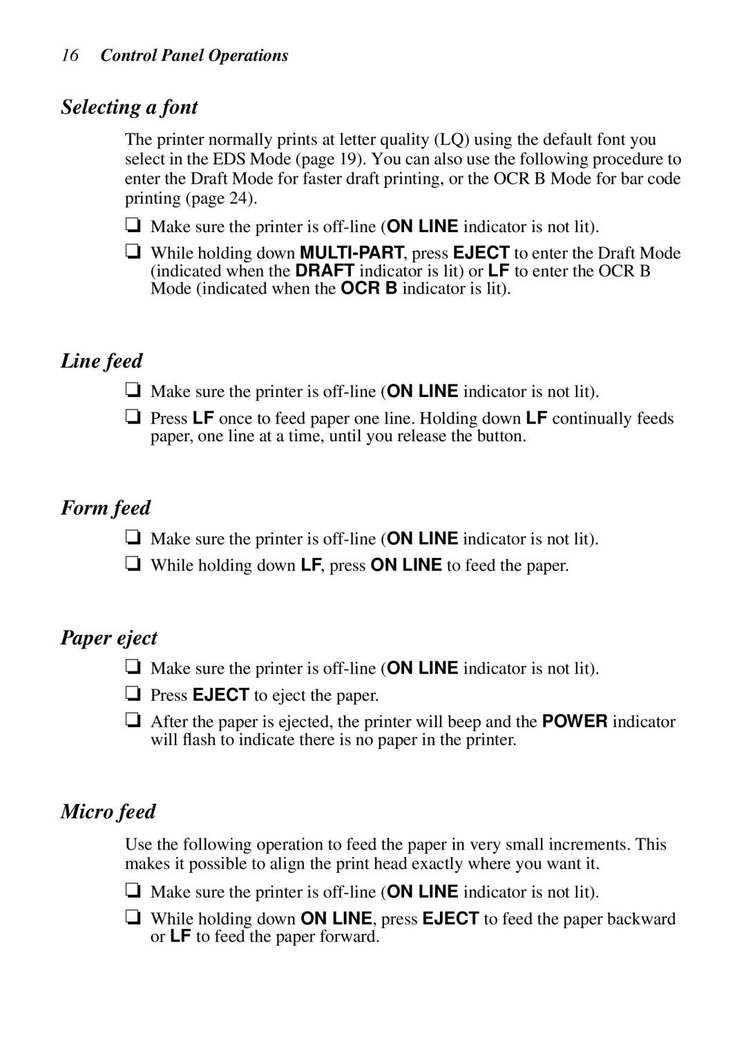 Star Micronics LC-8021 manual Selecting a font, Line feed, Form feed, Paper eject, Micro feed 