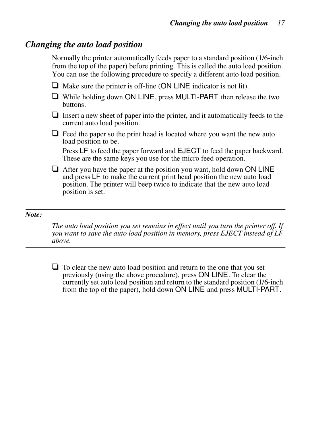 Star Micronics LC-8021 manual Changing the auto load position 