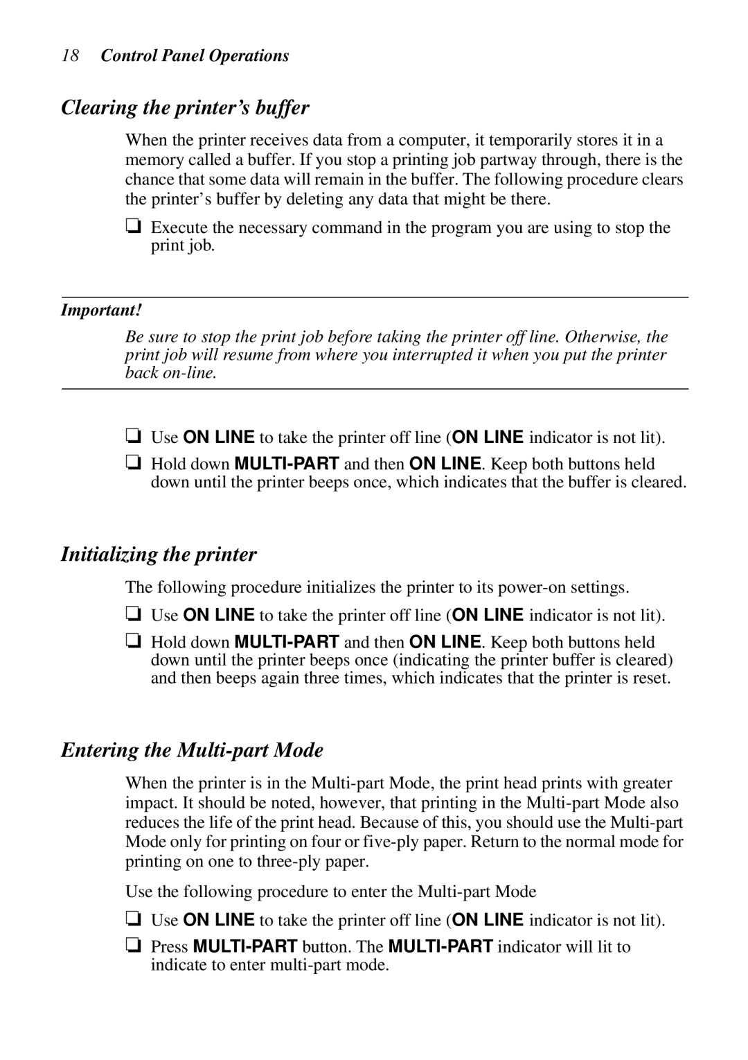 Star Micronics LC-8021 manual Clearing the printer’s buffer, Initializing the printer, Entering the Multi-part Mode 